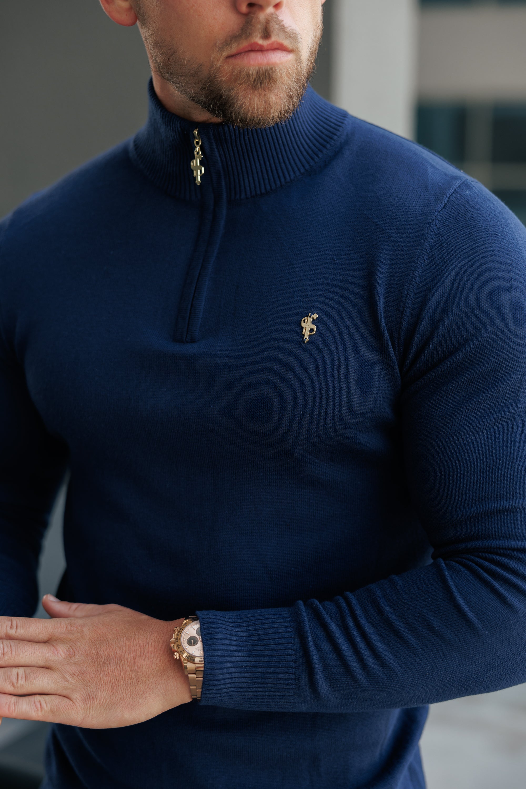 Navy Funnel Neck Knitted Jumper With FS Branding - FSN191