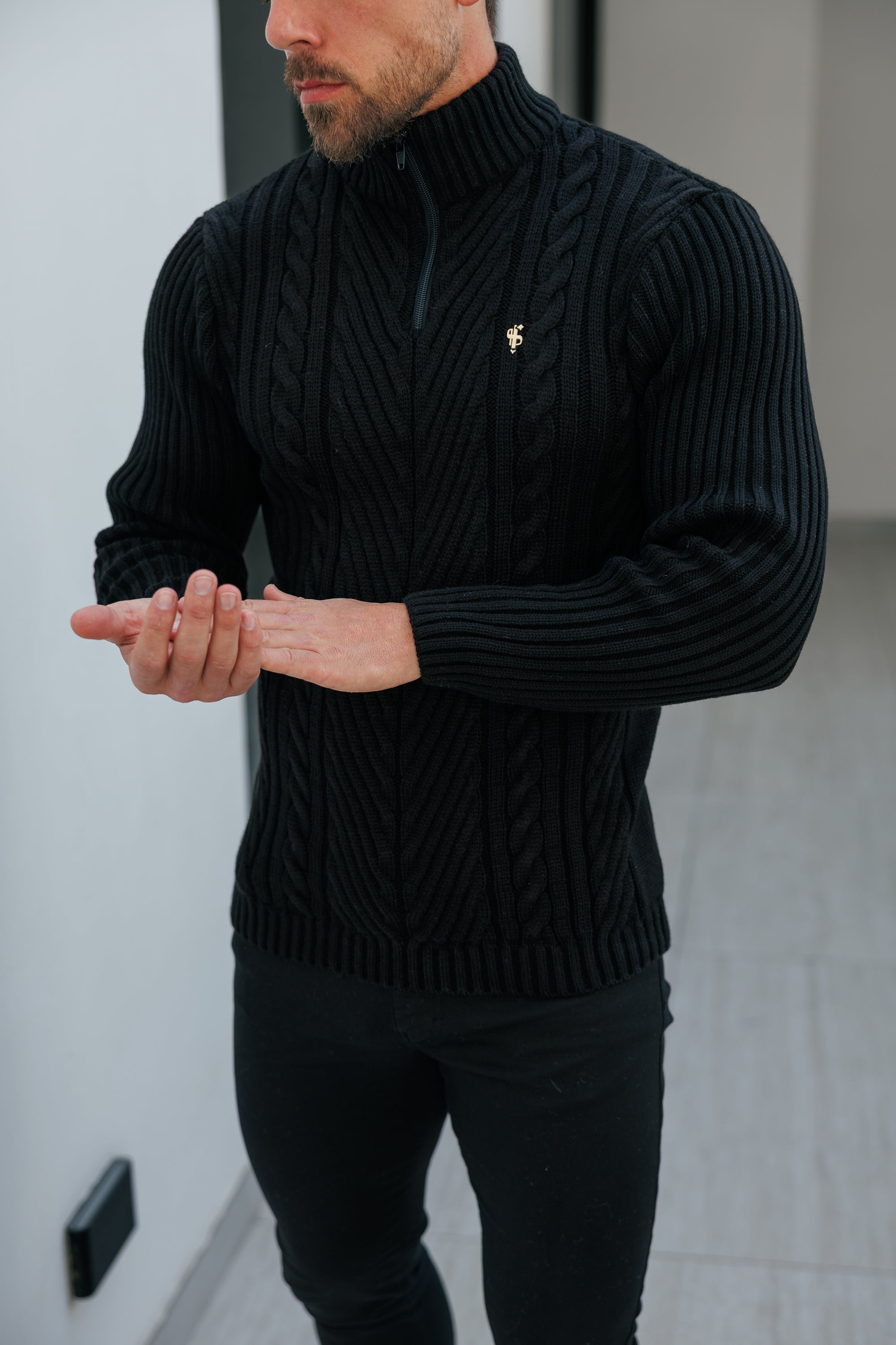 Funnel Neck Jumper with Quarter Zip Black - FSJ155
