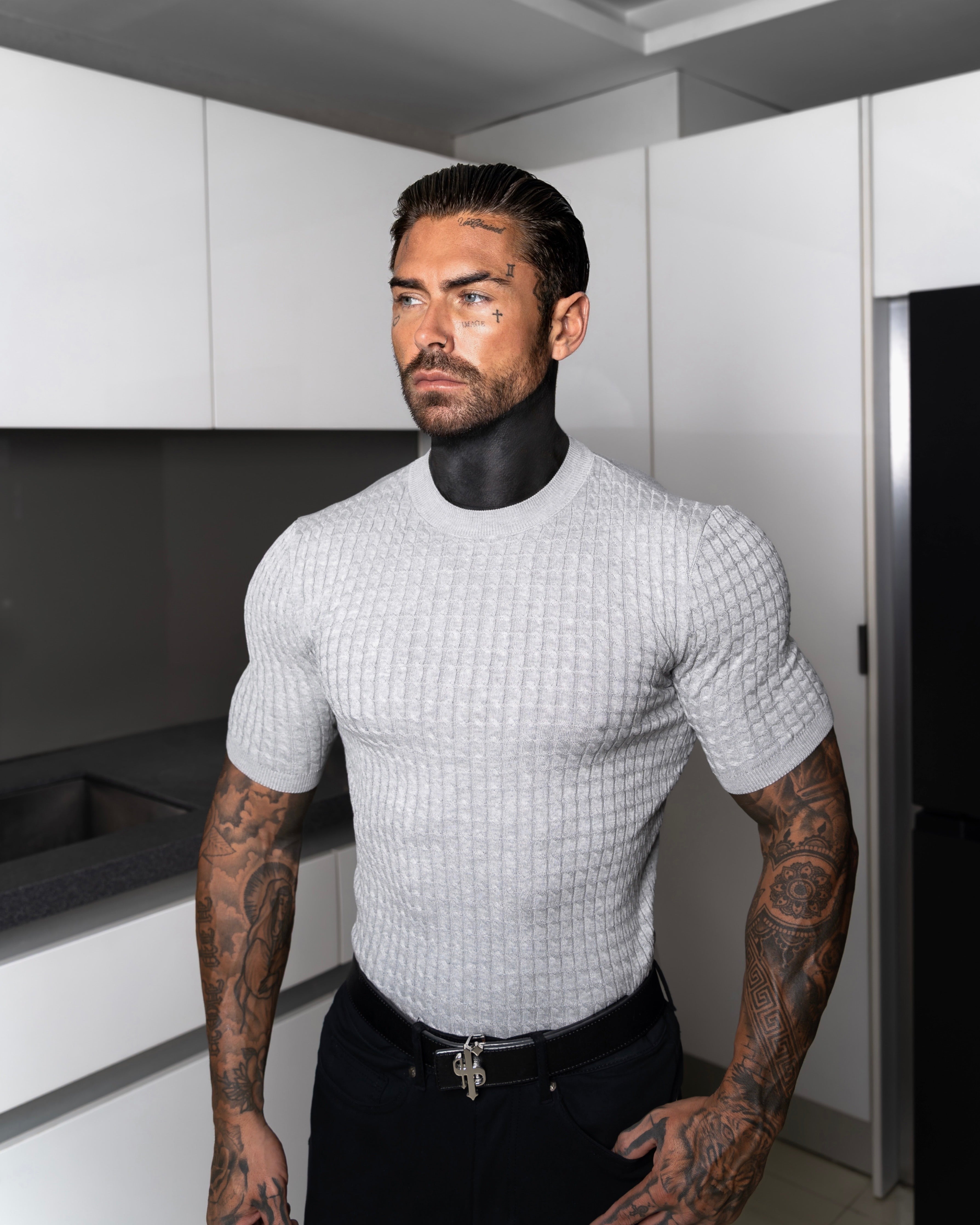 Front Chain Knit Crew Tshirt Silver Grey Short Sleeve - FSR056