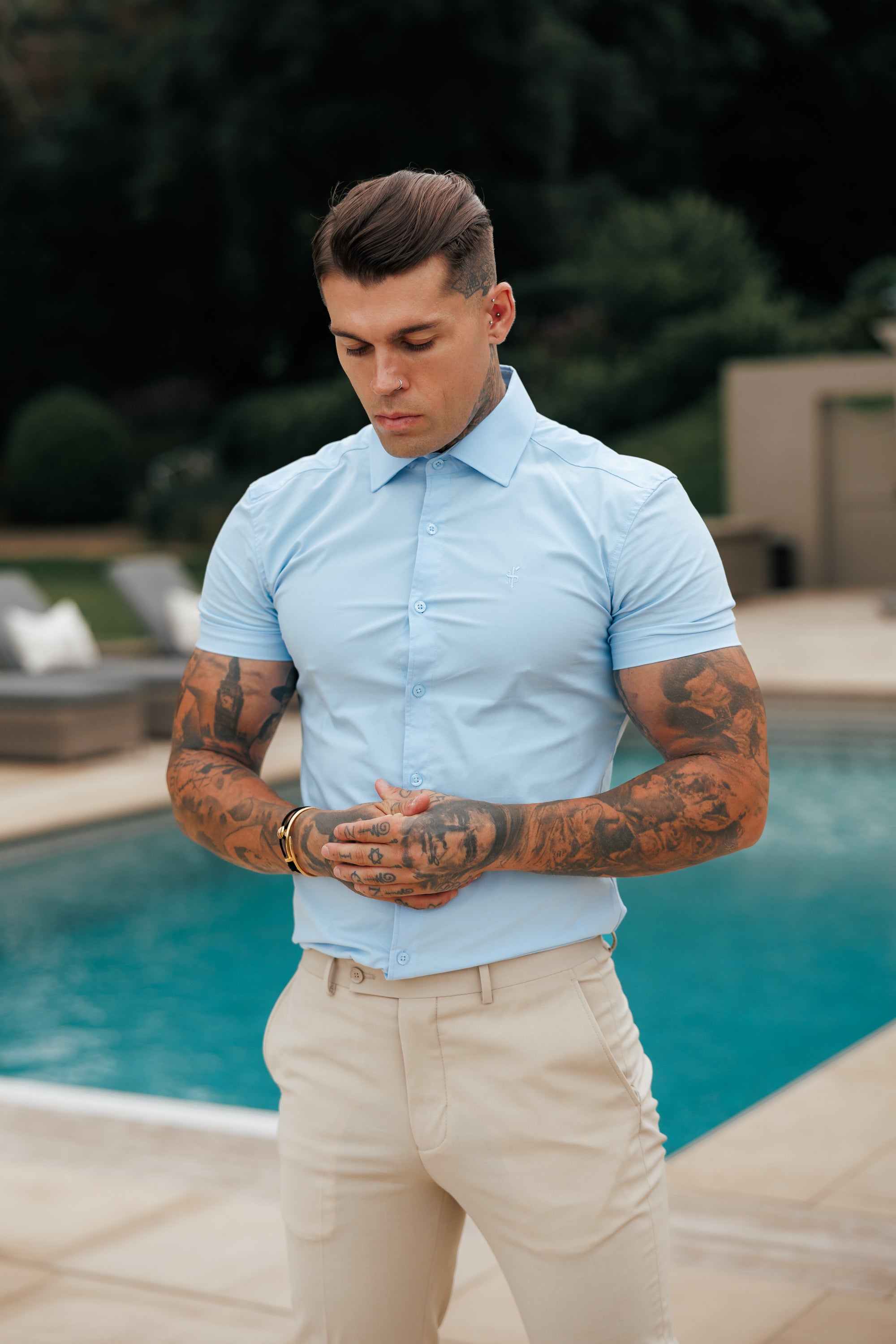 Muscle Fit Advanced Stretch Powder Blue Short Sleeve with Cutaway Collar - FS1162