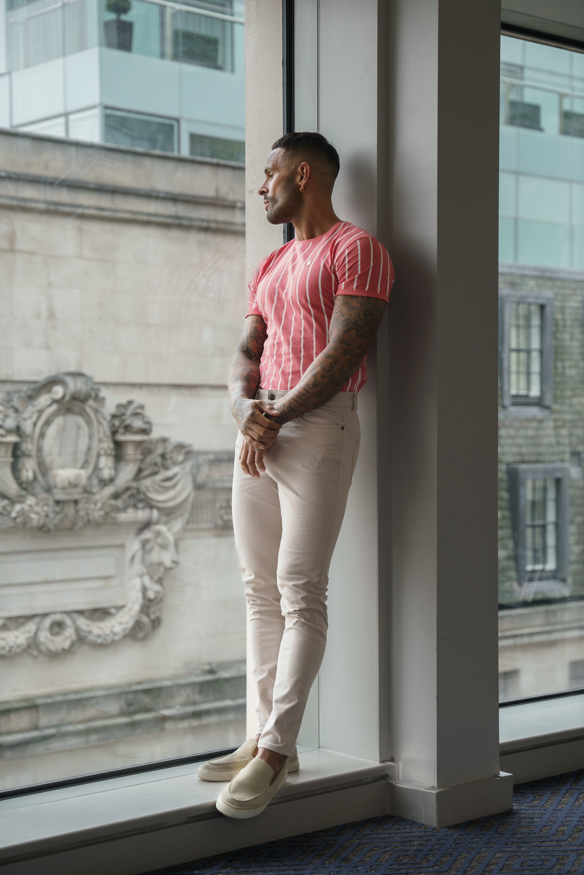 Printed Coral / White Stripe Fitted T Shirt - FSH1171