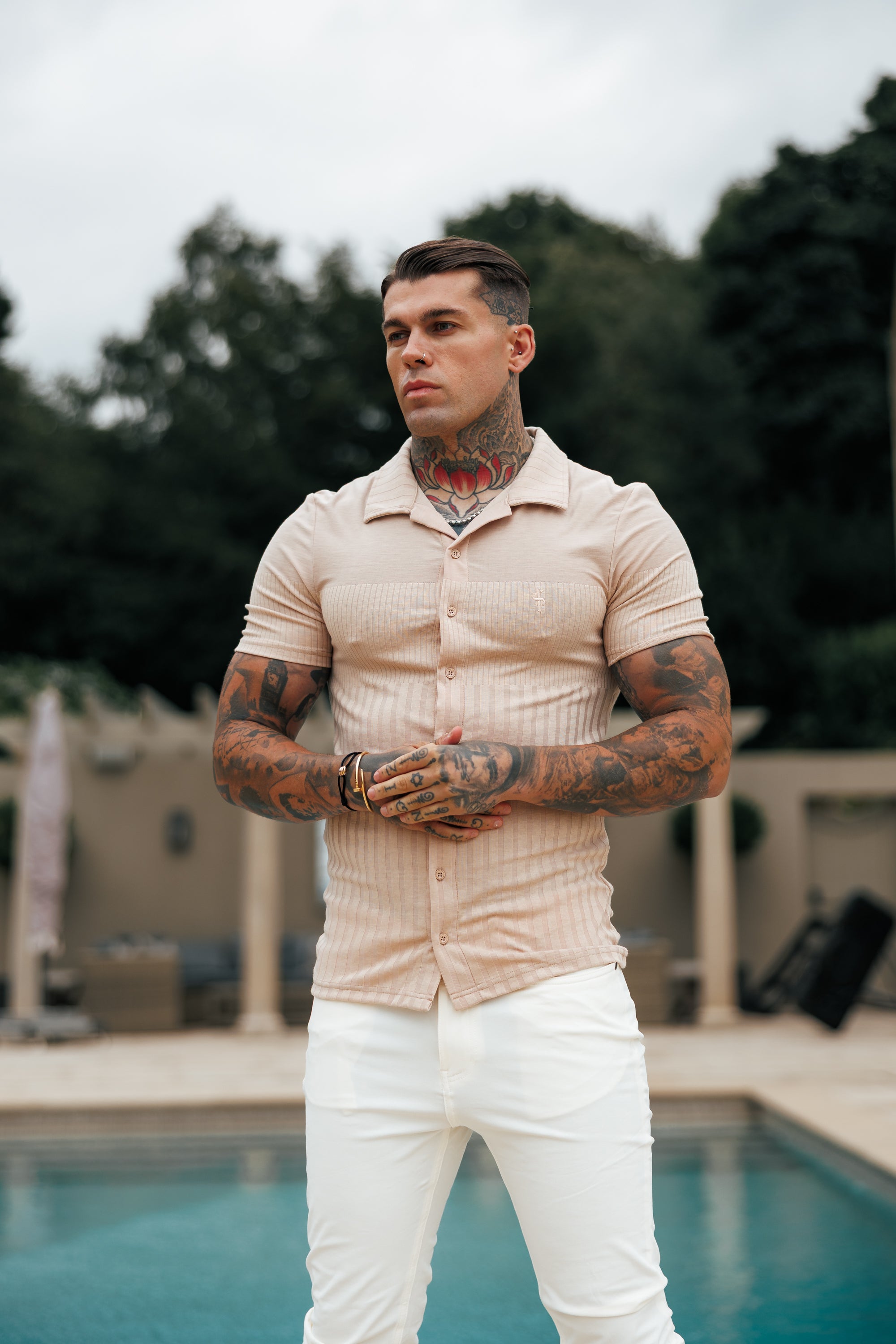 Jersey Revere Vertical Stripe Beige Shirt Short Sleeve - FSR026