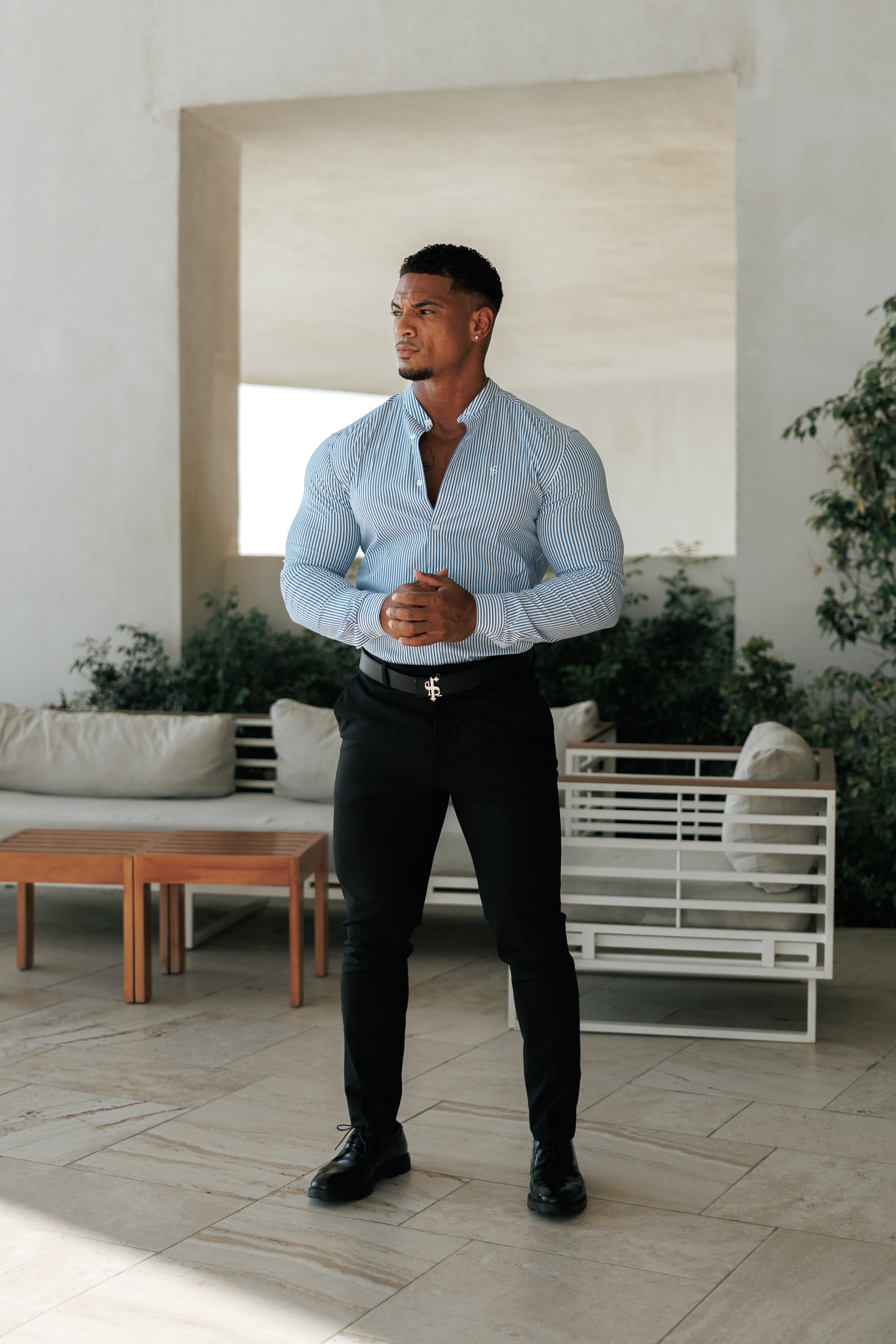 Super Slim Stretch LS Navy & White Stripe with Grandad Collar - FS1113