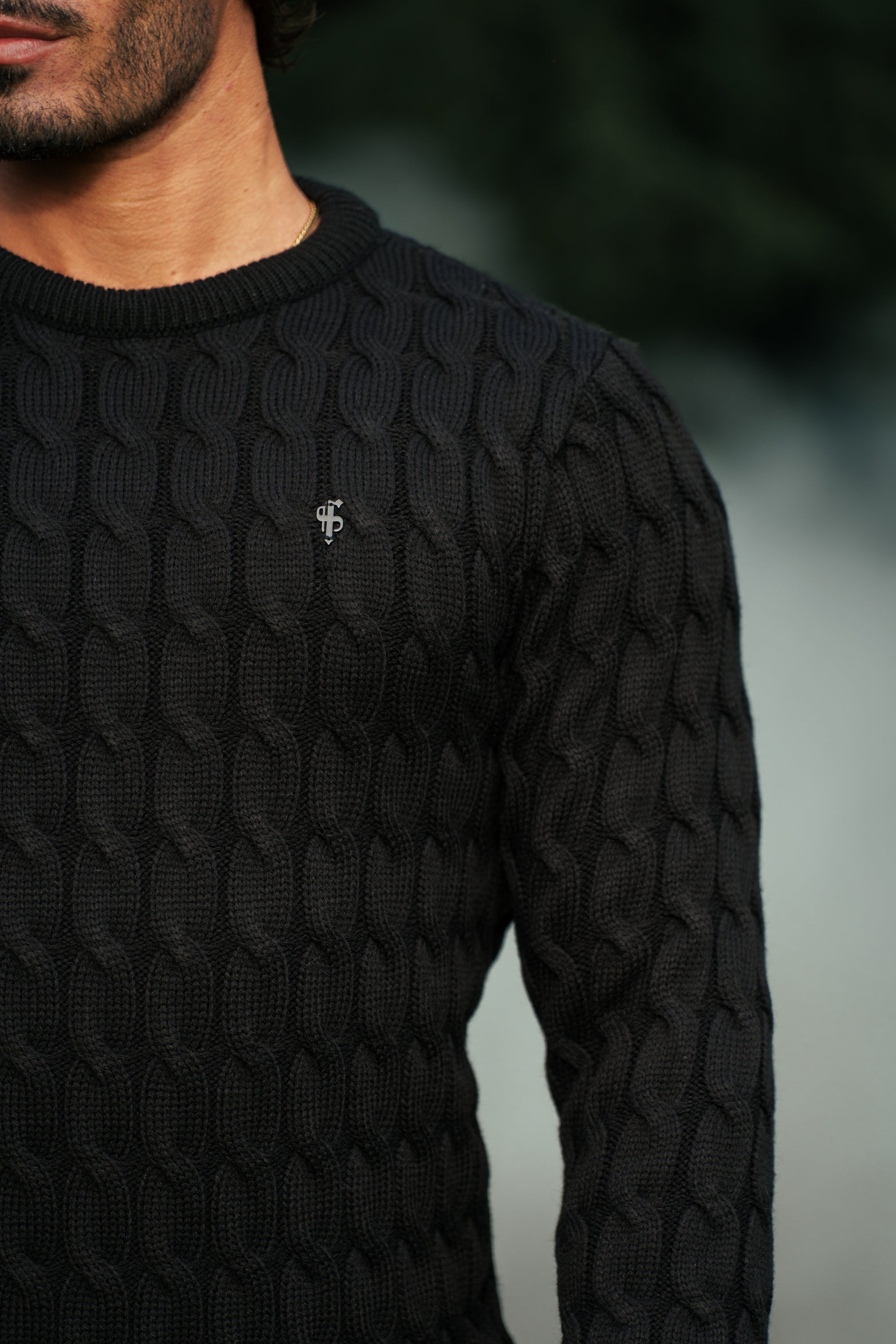 Link Weave Knit Black Crew Neck Jumper - FSJ124