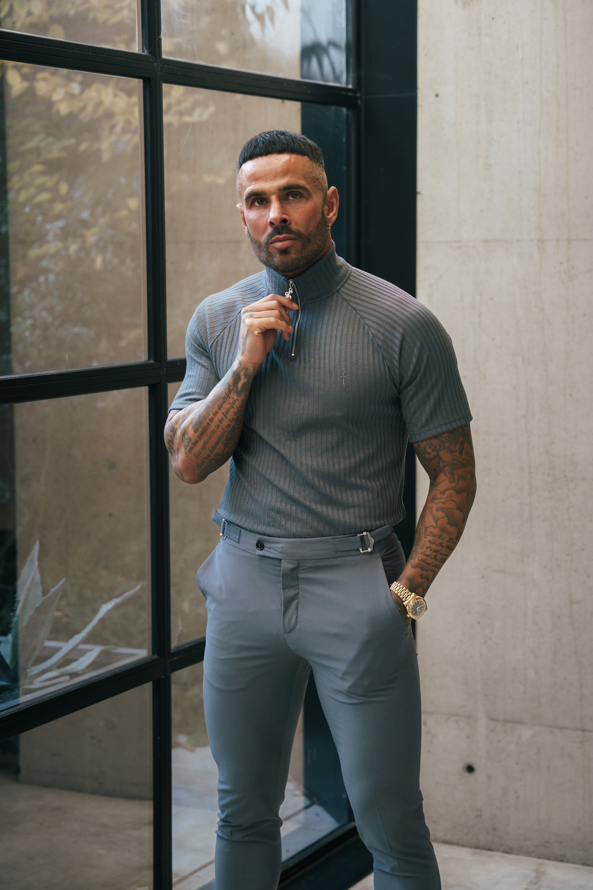 Classic Charcoal Ribbed Zip Funnel Neck Raglan Short Sleeve Crew - FSH1288