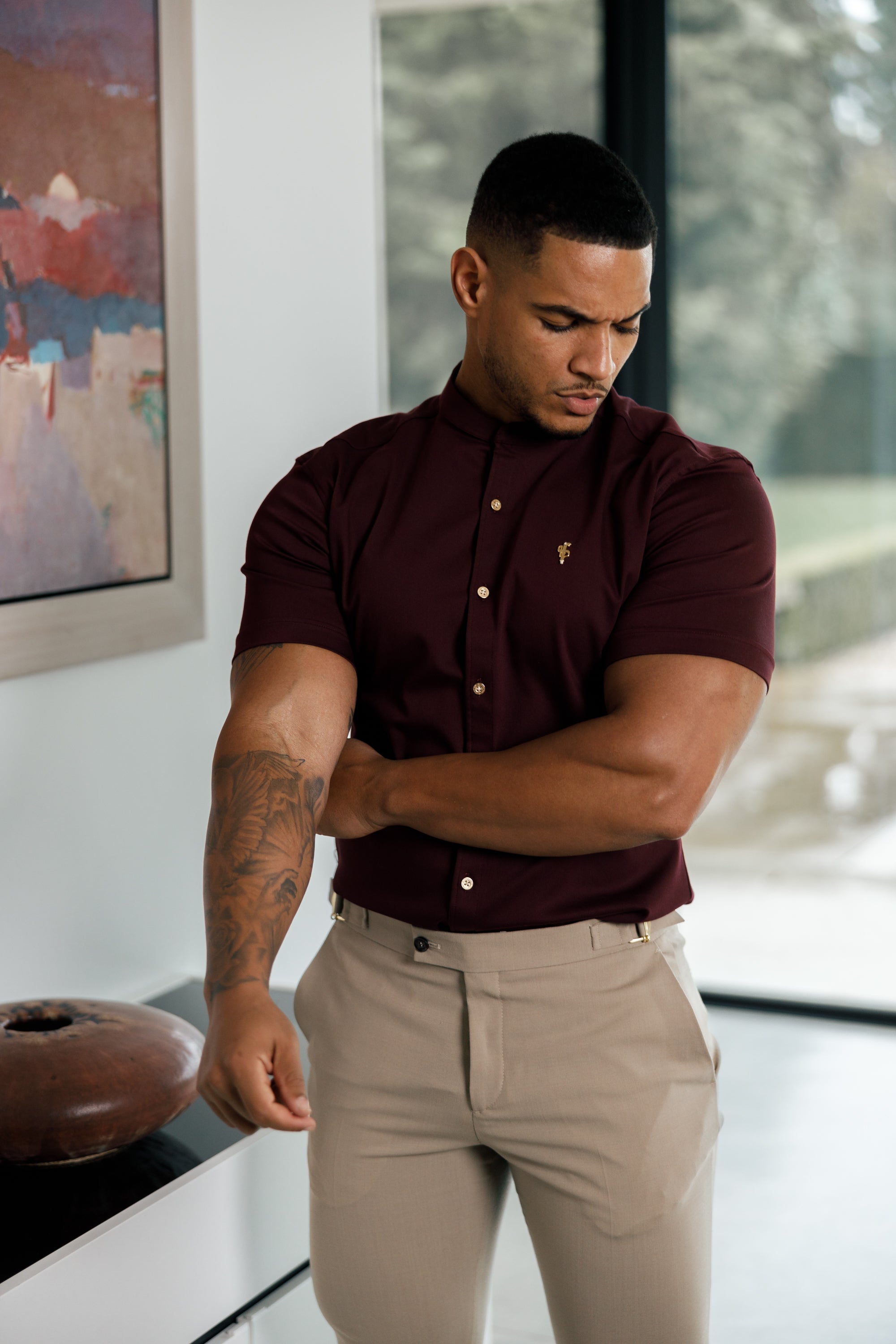 Super Slim Stretch Burgundy Denim Short Sleeve Grandad collar with Metal Buttons and Decal Emblem - FS722
