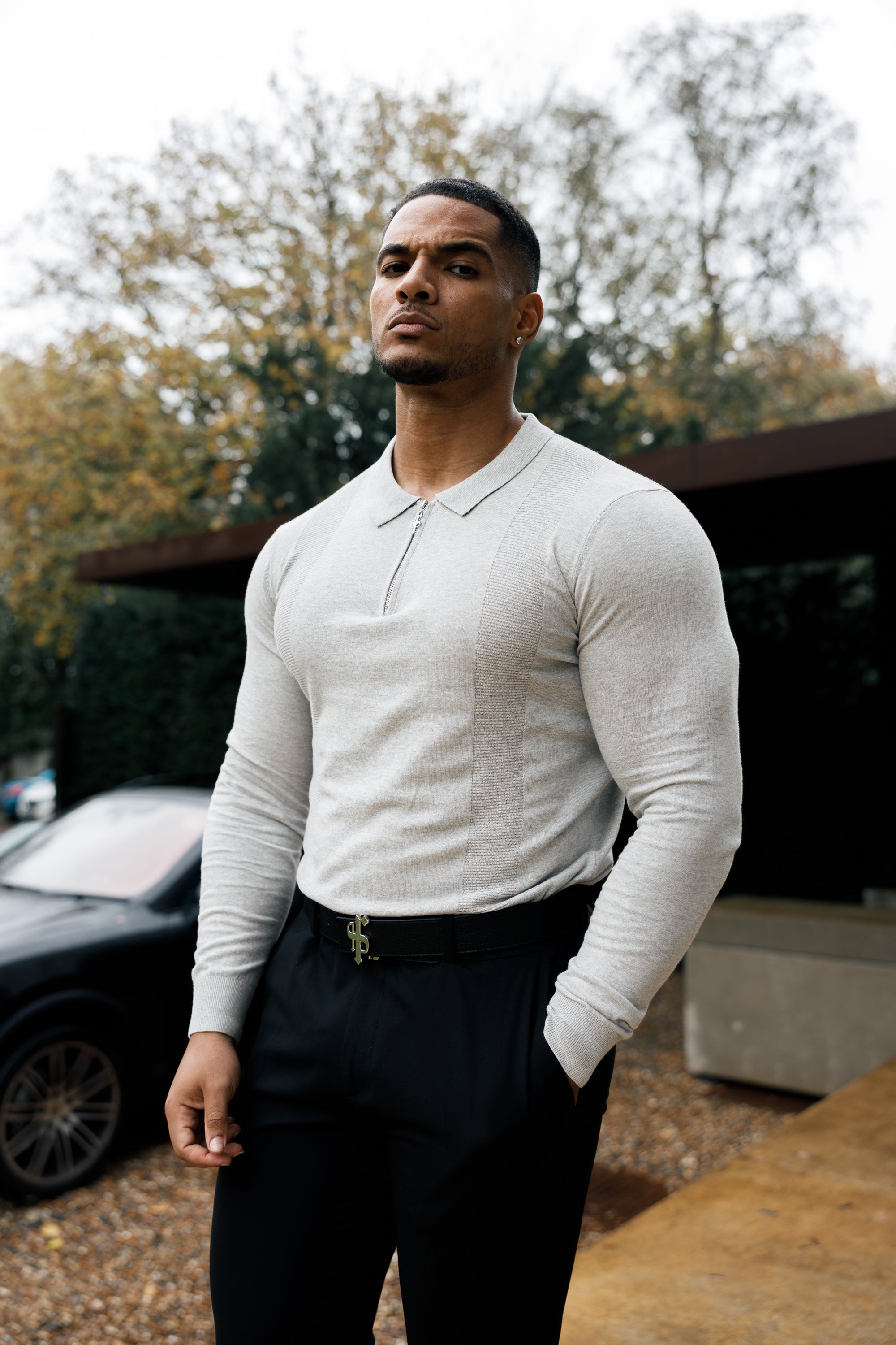 Classic Grey Marl and Silver Zip Knitted Polo Shirt Long Sleeve - FSN127