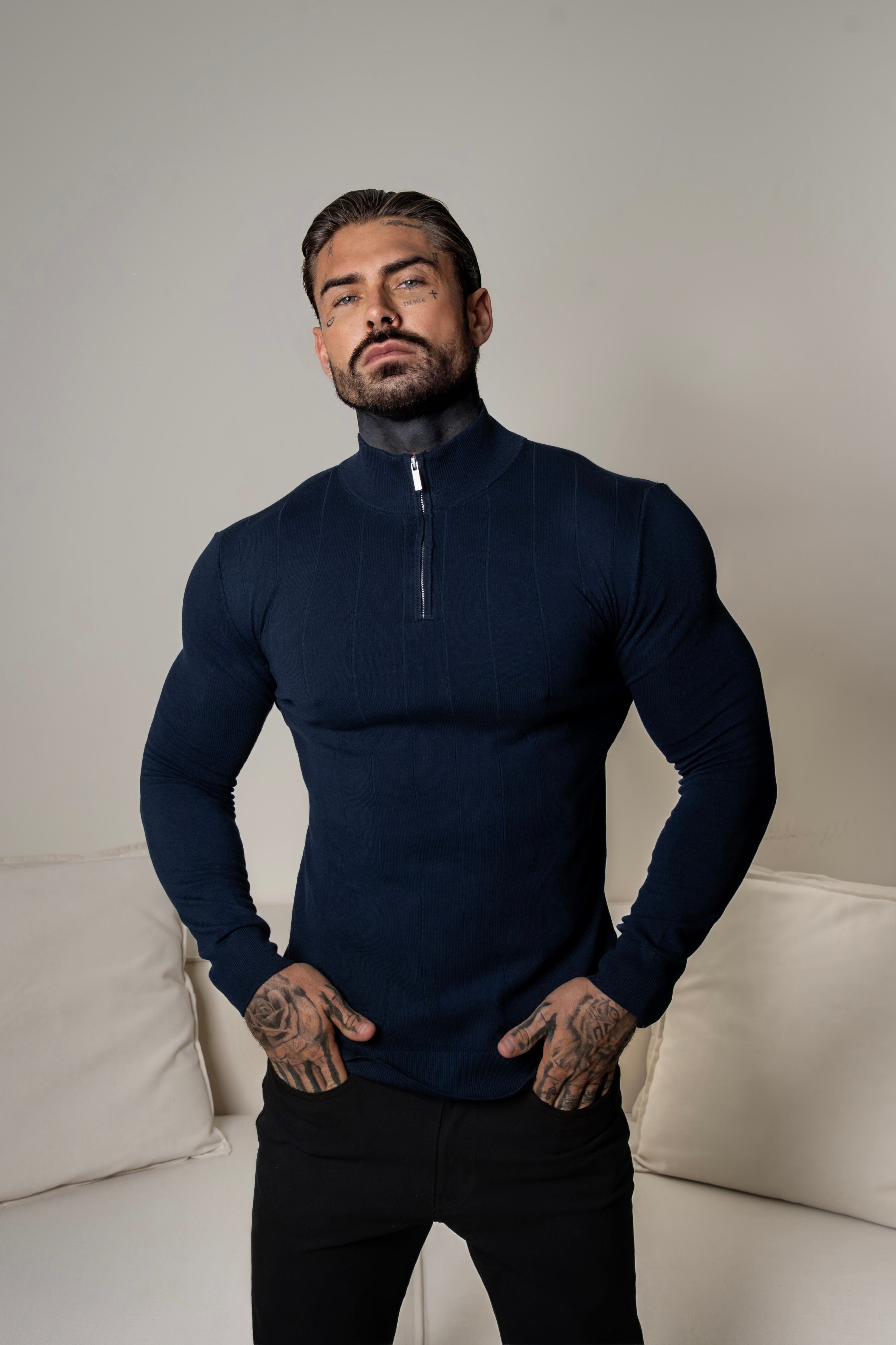 Self Stripe 1/4 Zip Funnel Neck Knit Jumper Navy Long Sleeve - FSR049