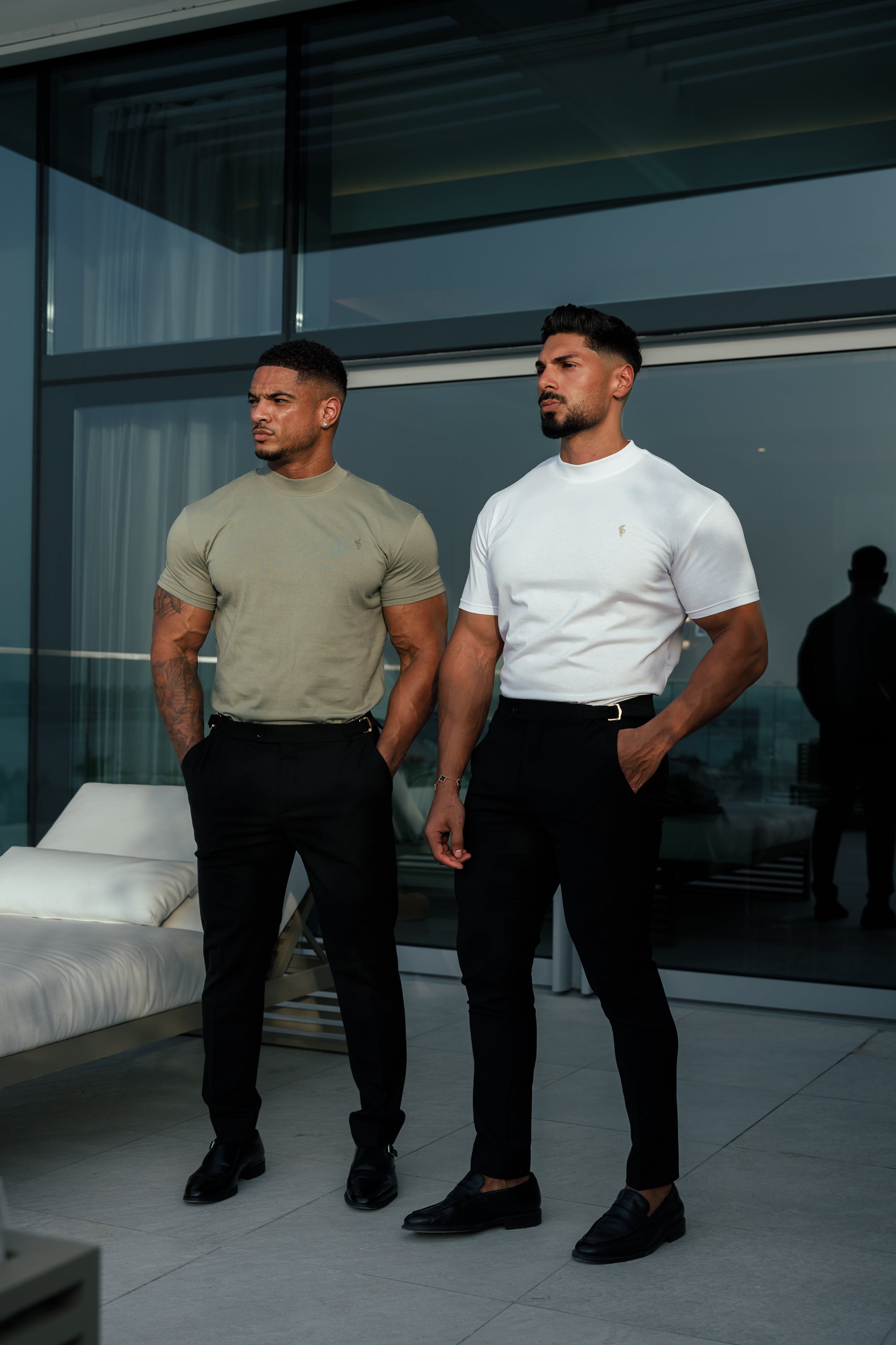 Ribbed High Neck Crew Short Sleeve White / Gold - FSH1006