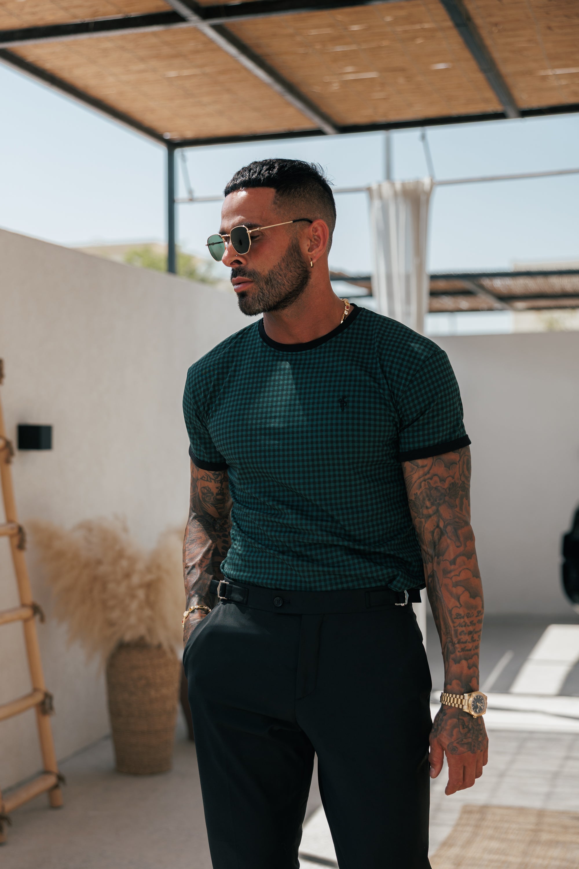 Printed Forest Green / Black Check Fitted T Shirt - FSH1241