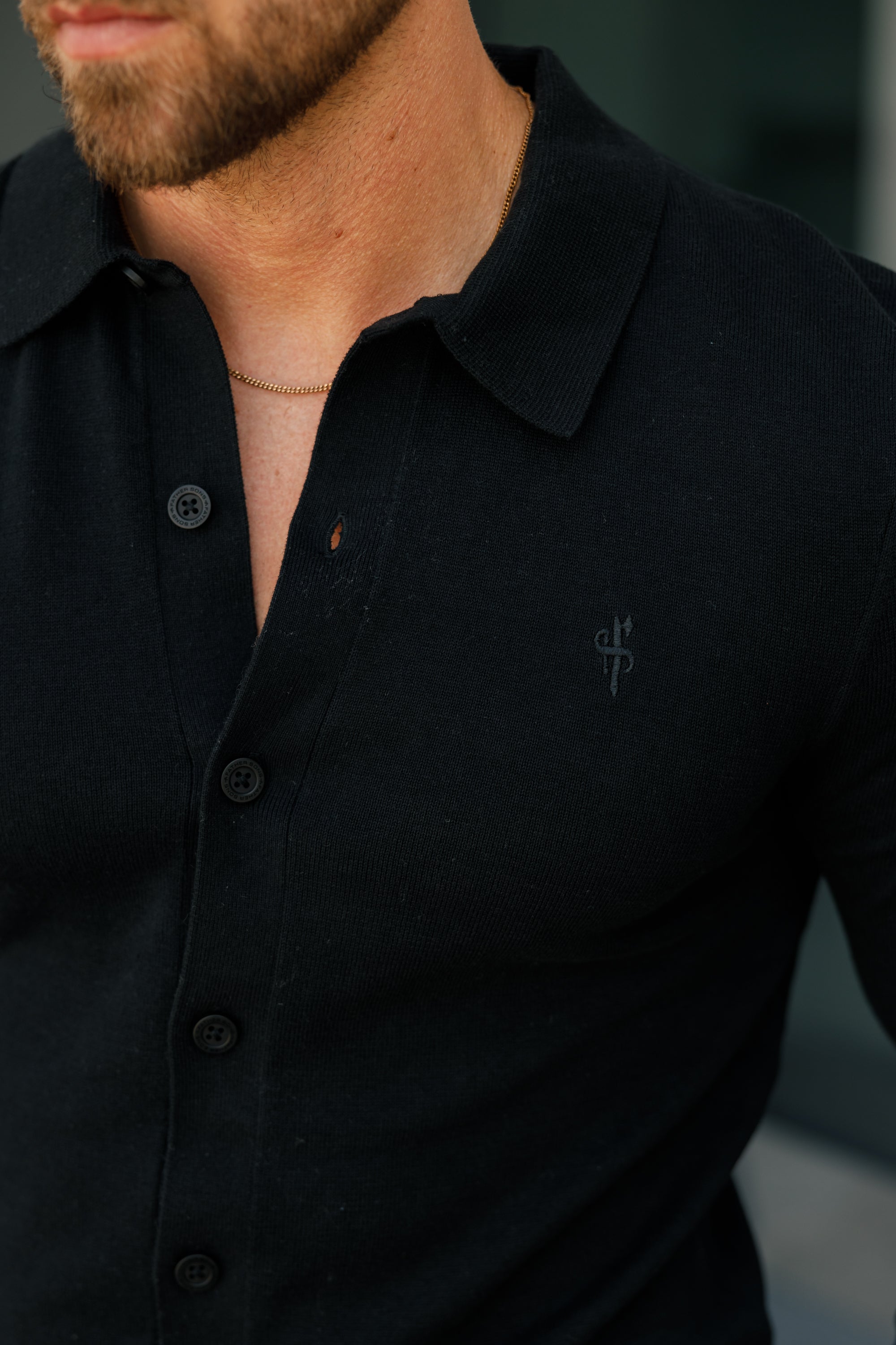 Classic Plain Black Knitted Button Through Polo Long Sleeve - FSN166