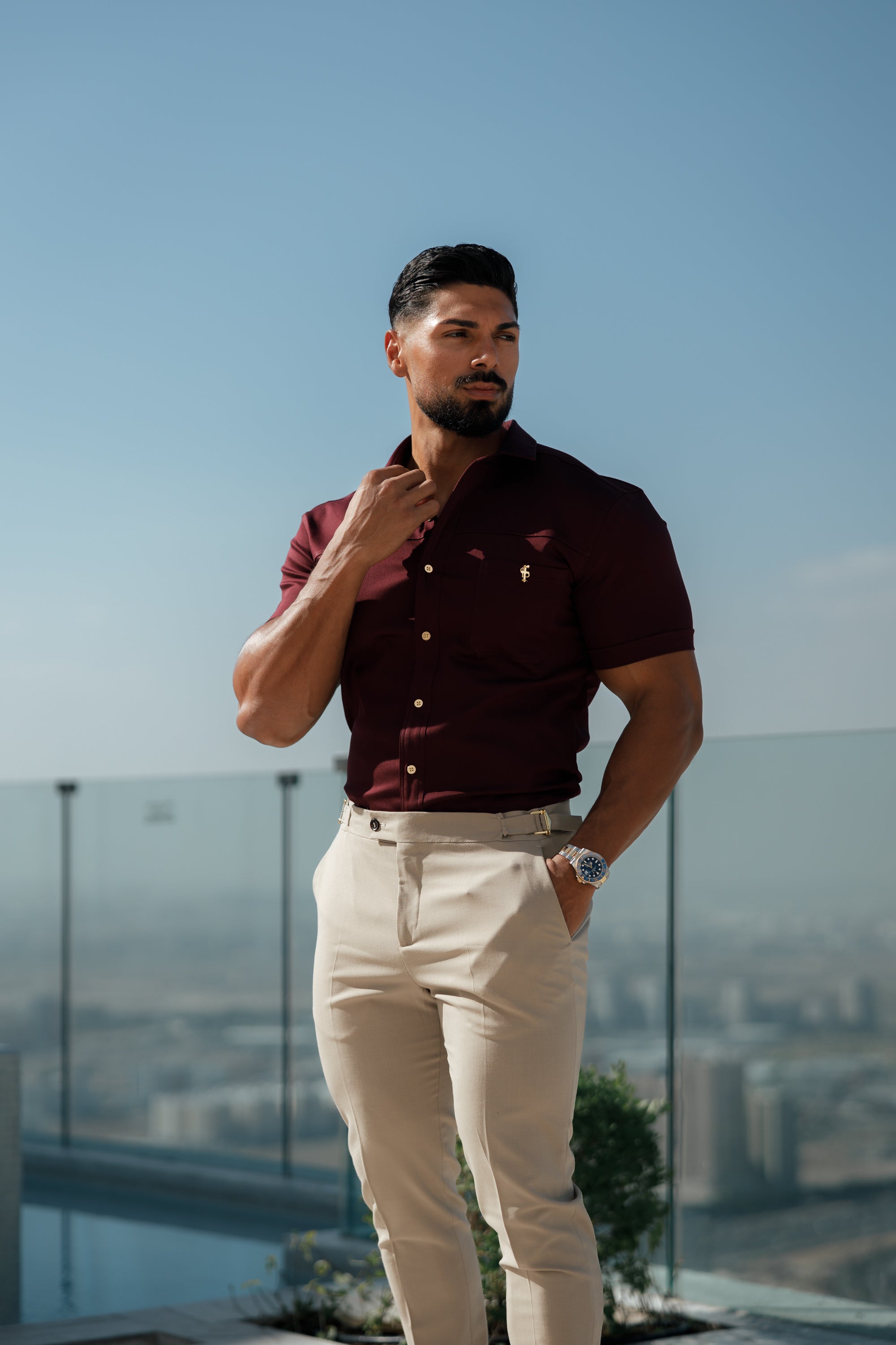 Super Slim Stretch Burgundy Denim Short Sleeve with Horizontal Seam and Pocket- FS961