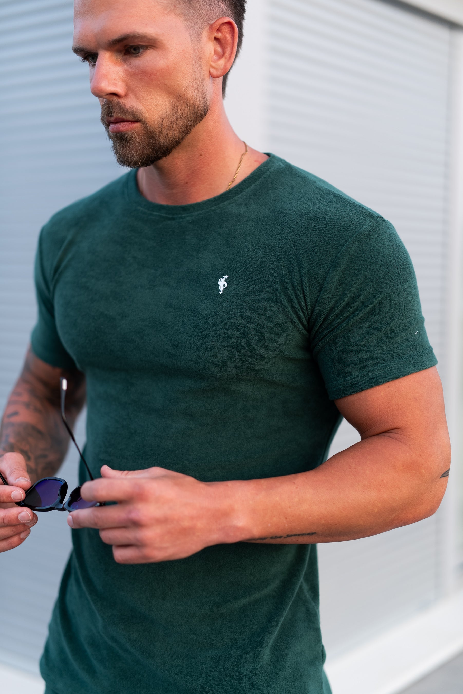 Forest Green / Silver Towelling Crew T Shirt - FSH1347