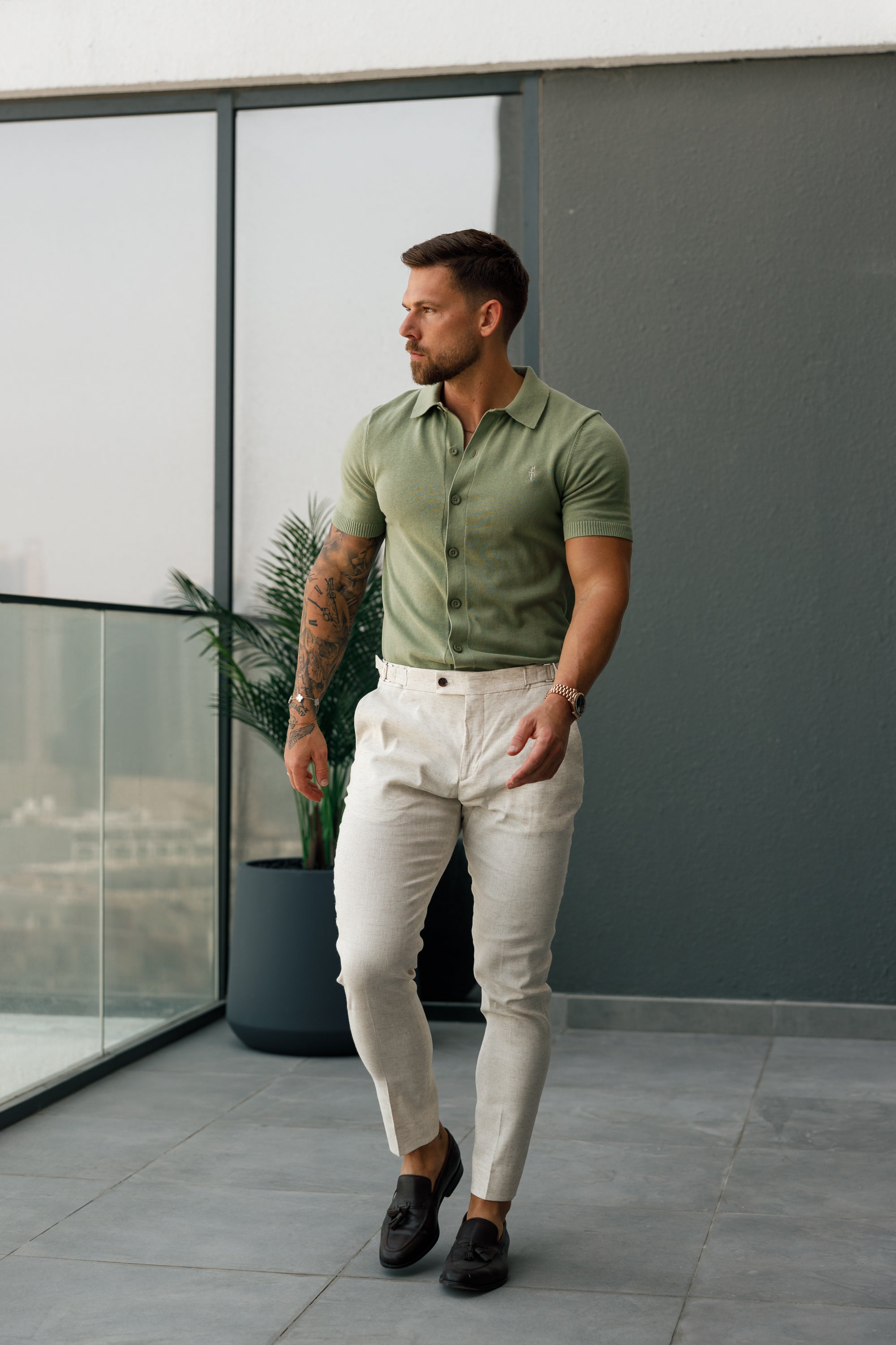Classic Plain Olive Knitted Button Through Polo Short Sleeve - FSN162