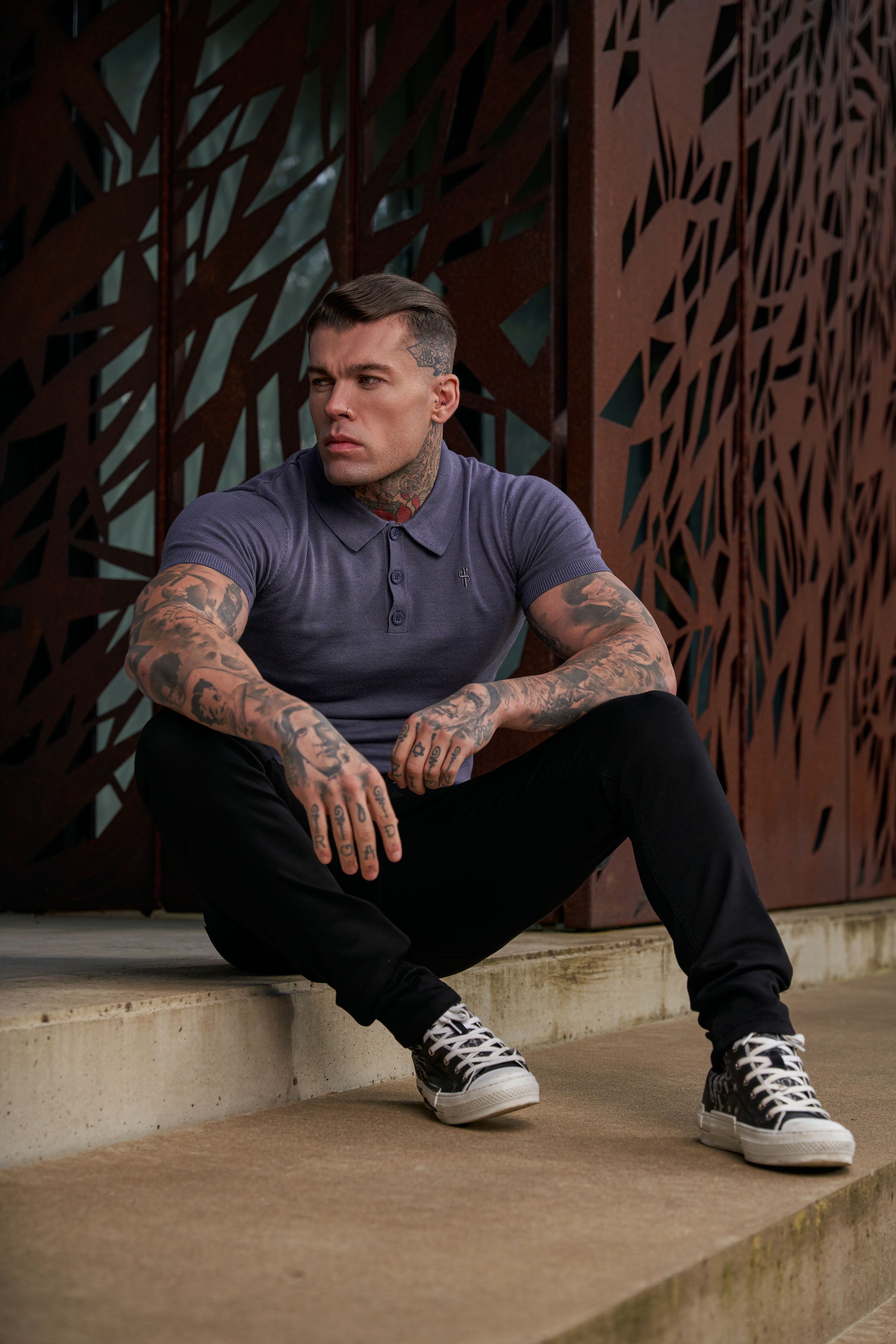 Classic Gunmetal Knitted Polo Jumper Short Sleeve With Tonal FS Embroidery- FSN145