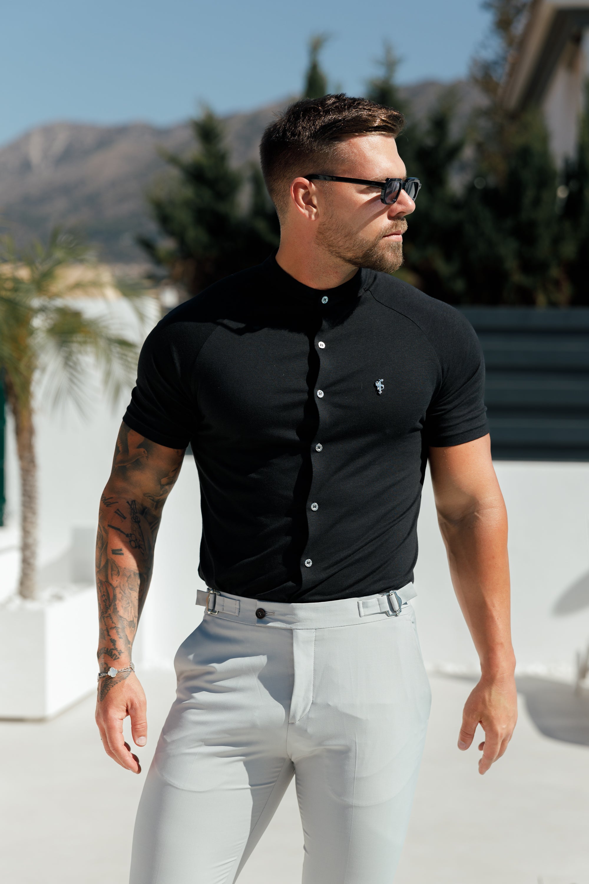 Slim Bamboo Raglan Grandad Collar Black Short Sleeve - FSH1165