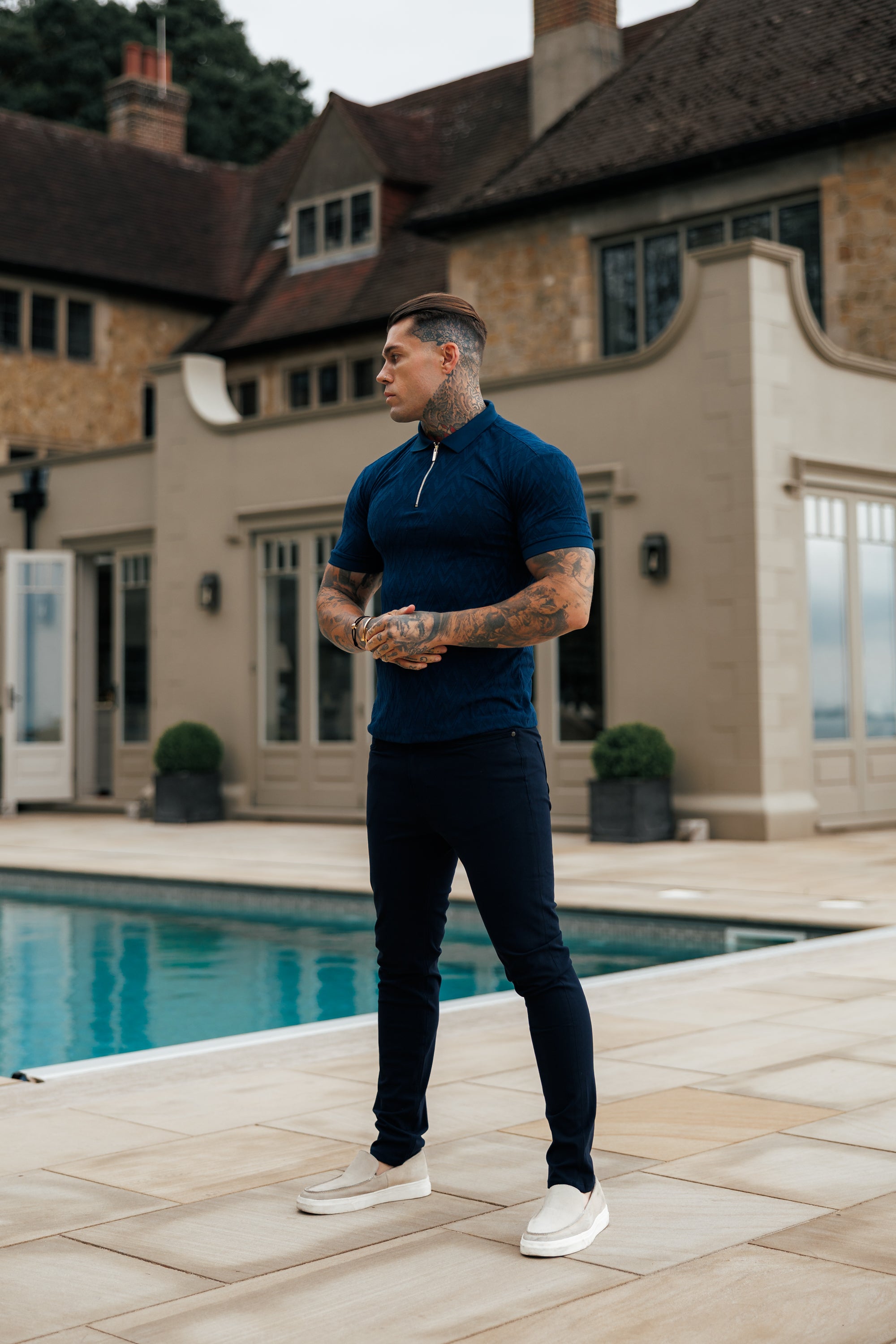 Classic Jacquard Navy Chevron Zipped Polo - FSR021