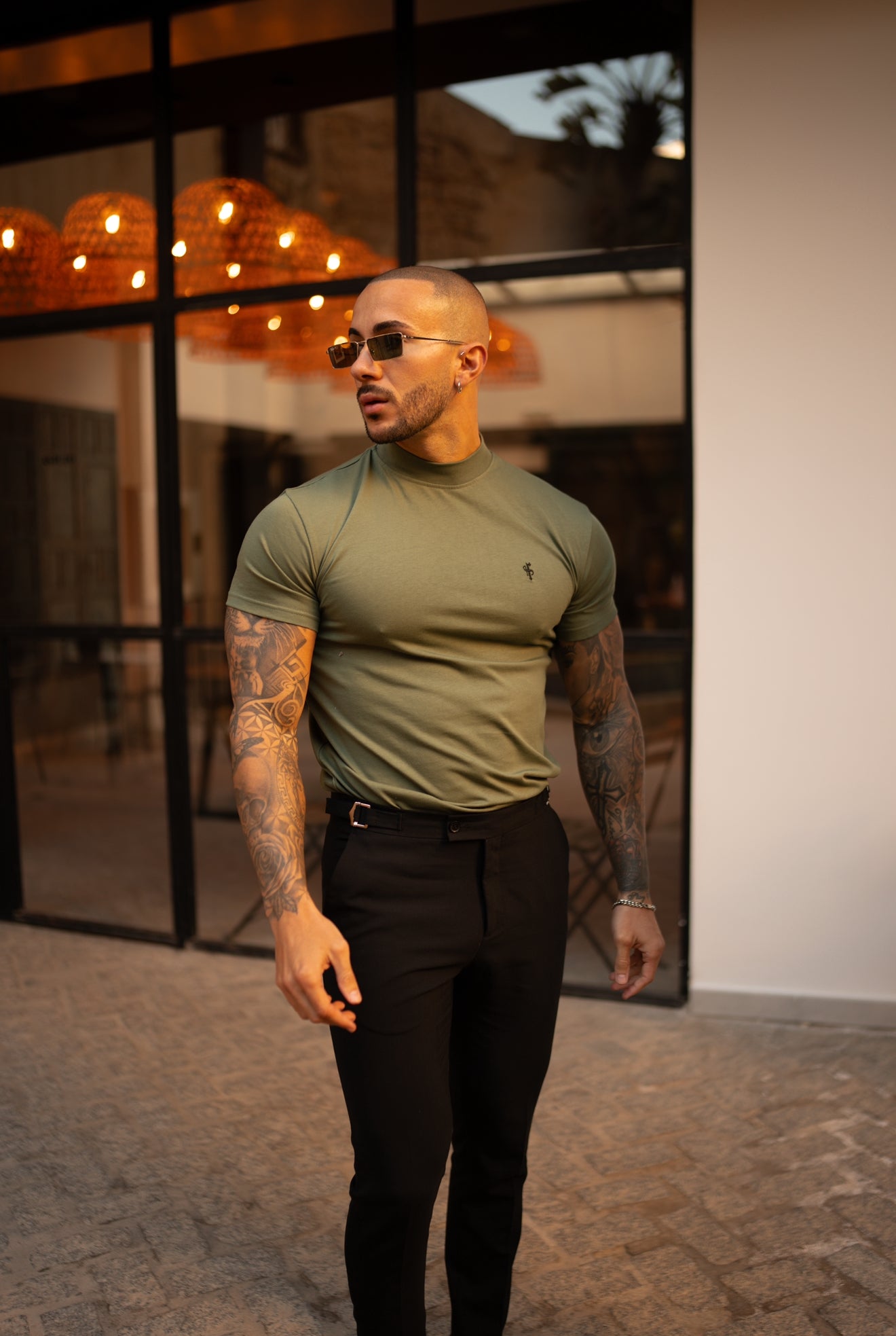Ribbed High Neck Crew T-Shirt Short Sleeve Khaki / Black - FSH1116