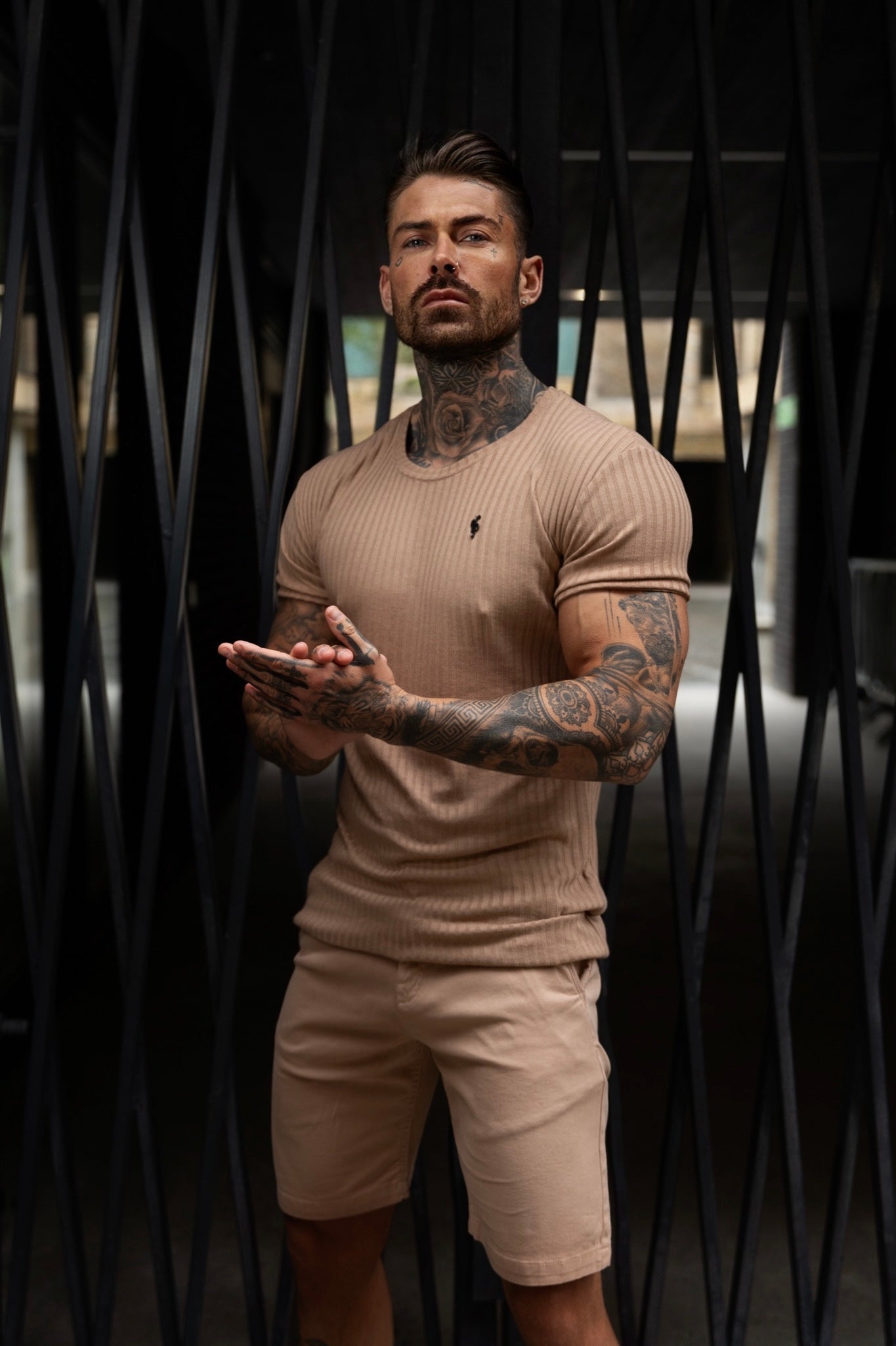 Classic Coffee / Black Ribbed Knit Super Slim Short Sleeve Crew T-Shirt - FSH1090