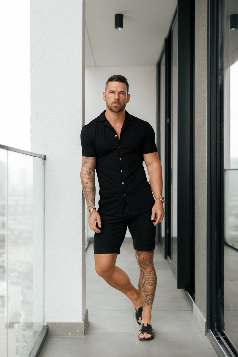 Father Sons Stretch Black / Gold Pique Revere Shirt Short Sleeve - FSH1068  (PRE ORDER 30TH MAY)