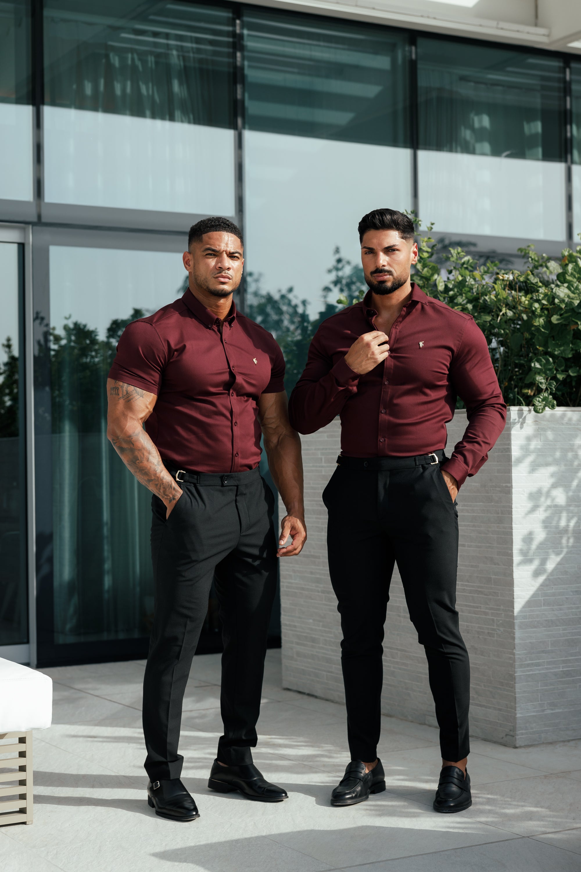 Super Slim Stretch Burgundy Denim Long Sleeve with Gold Metal Decal and Button Down Collar - FS1046