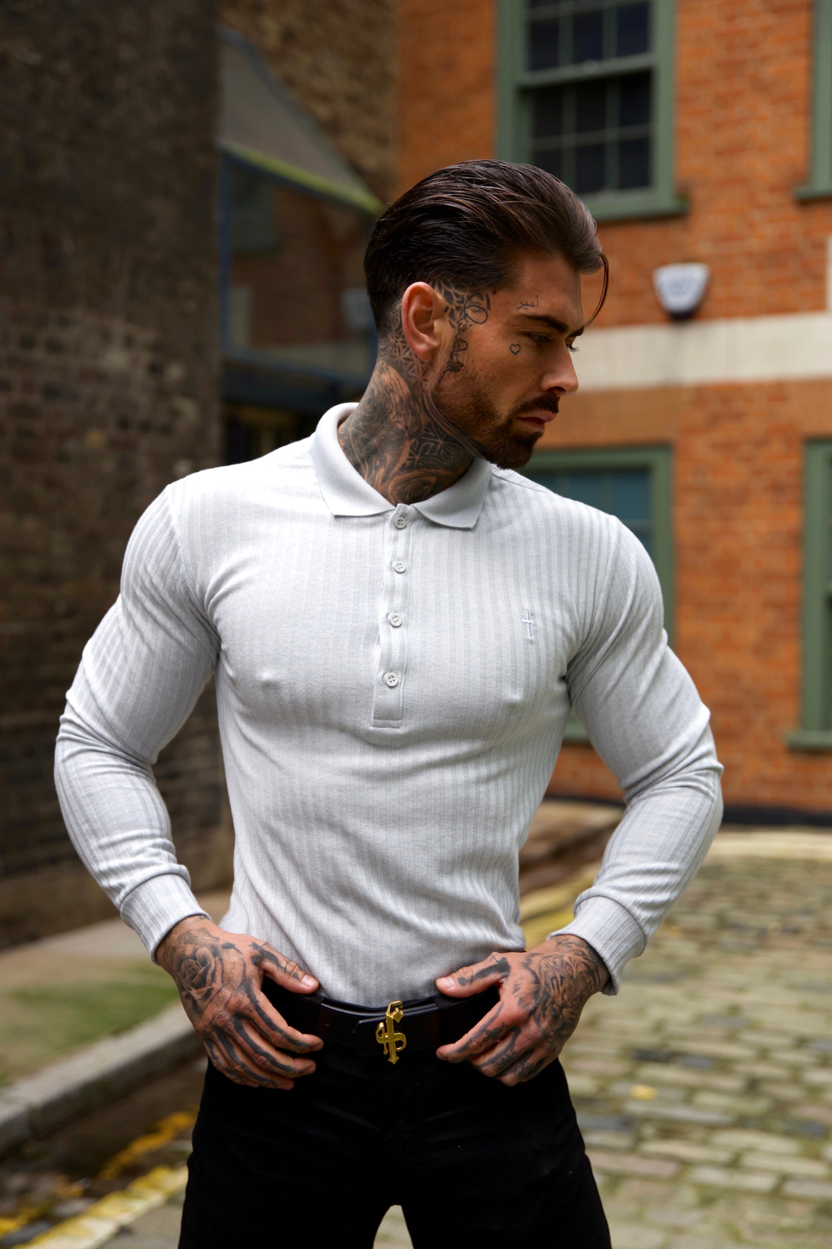 Classic Light Grey Ribbed Polo Shirt Long Sleeve - FSH972