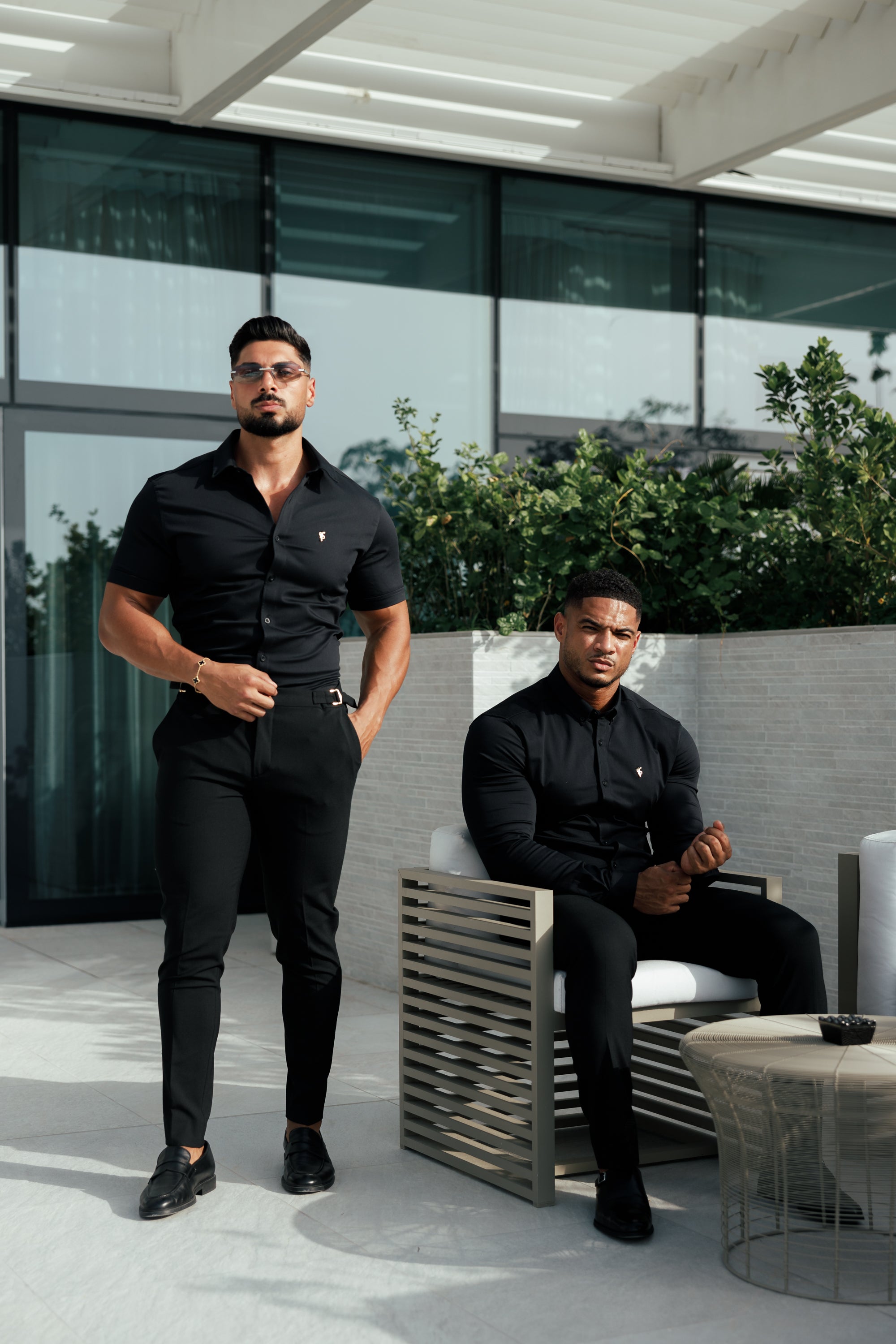 Super Slim Stretch Black Denim Short Sleeve with Gold Metal Decal and Button Down Collar - FS1041