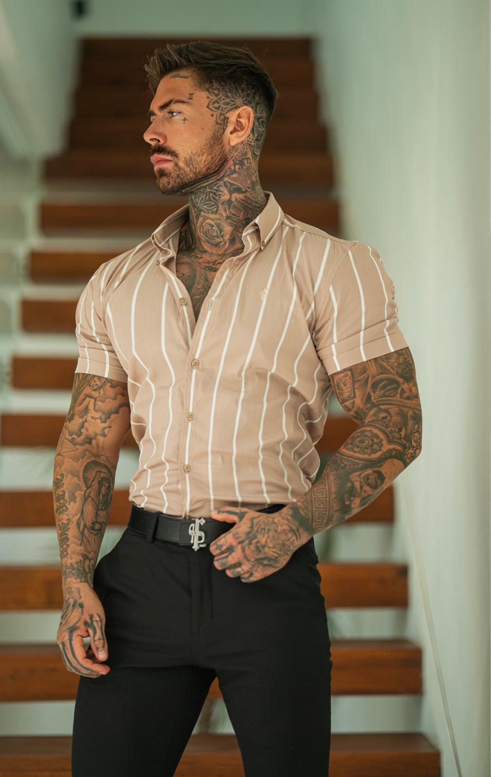 Super Slim Stretch Taupe Printed Wide Stripe Short Sleeve with Button Down Collar - FS1066