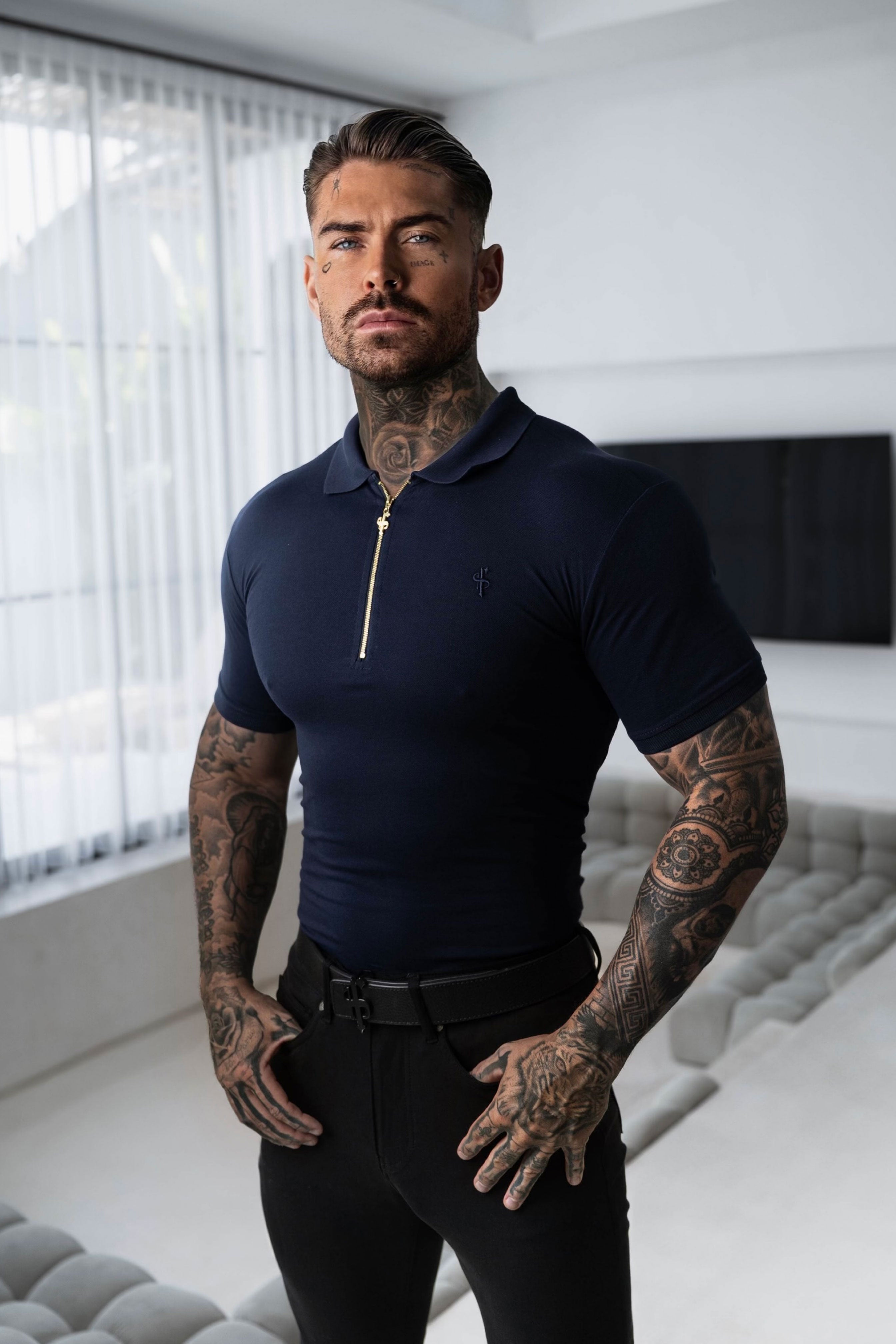 Classic Navy and Gold Zipped Polo Shirt - FSH809