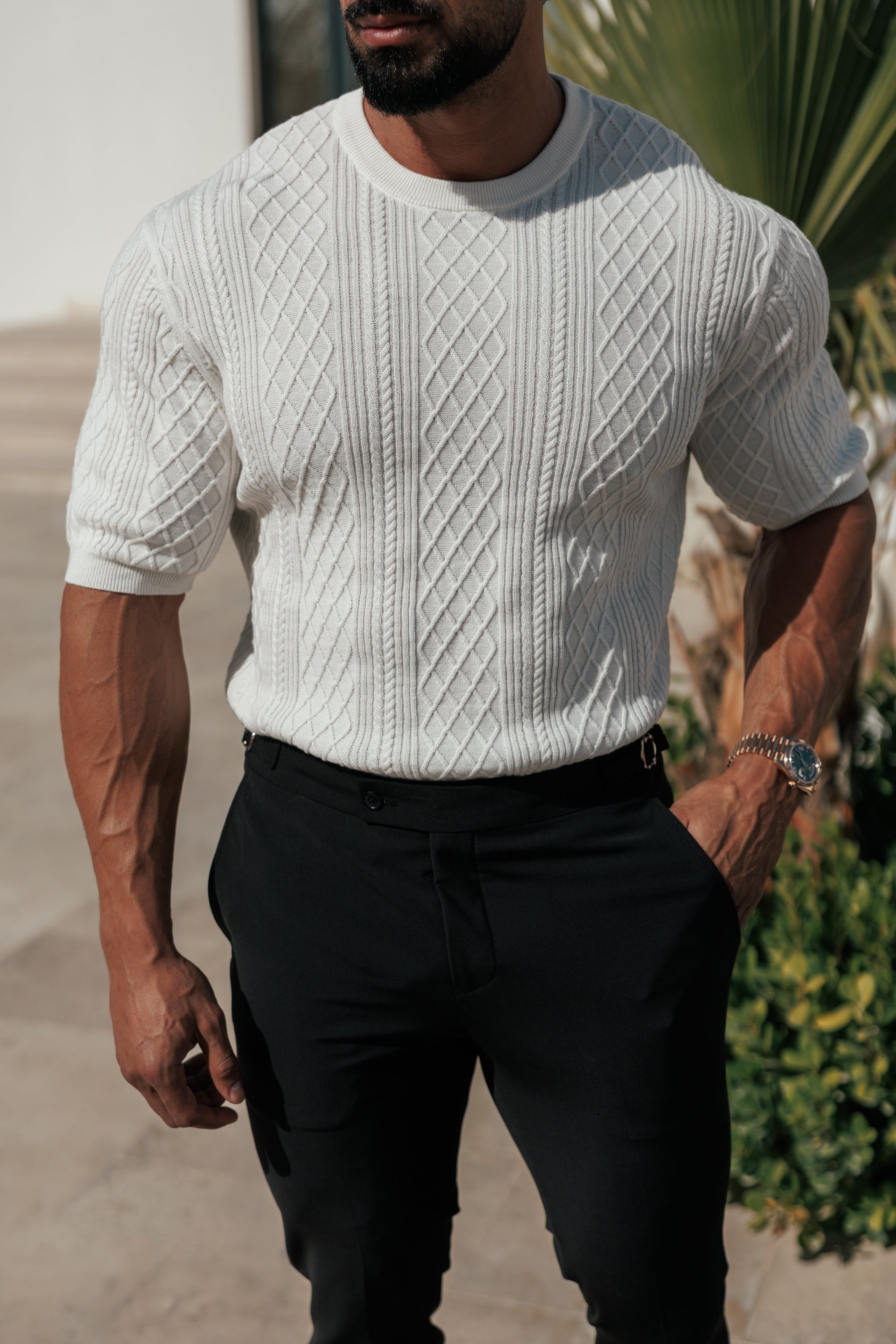 Fine Knit Diamond Off White Jumper Short Sleeve - FSA009