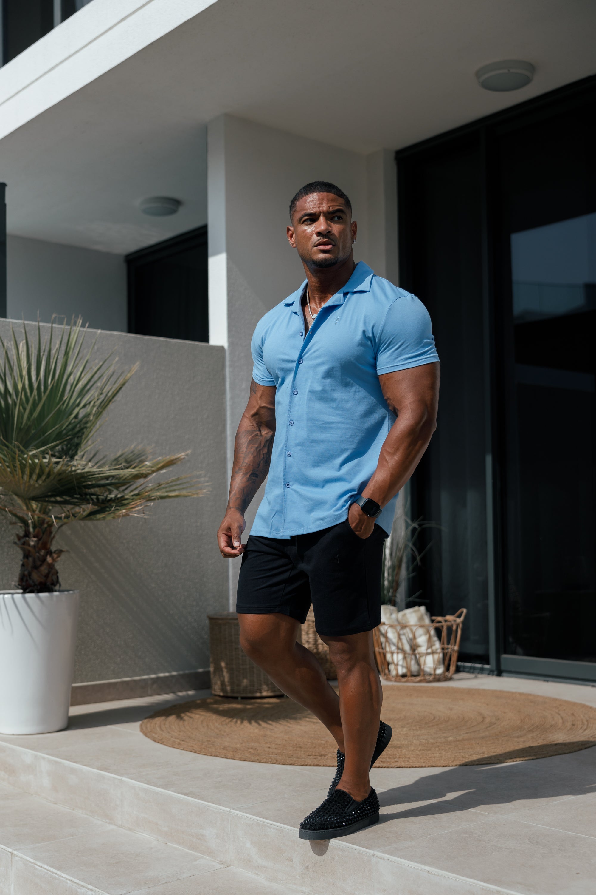 Stretch Light Blue Pique Revere Shirt Short Sleeve - FSH1074