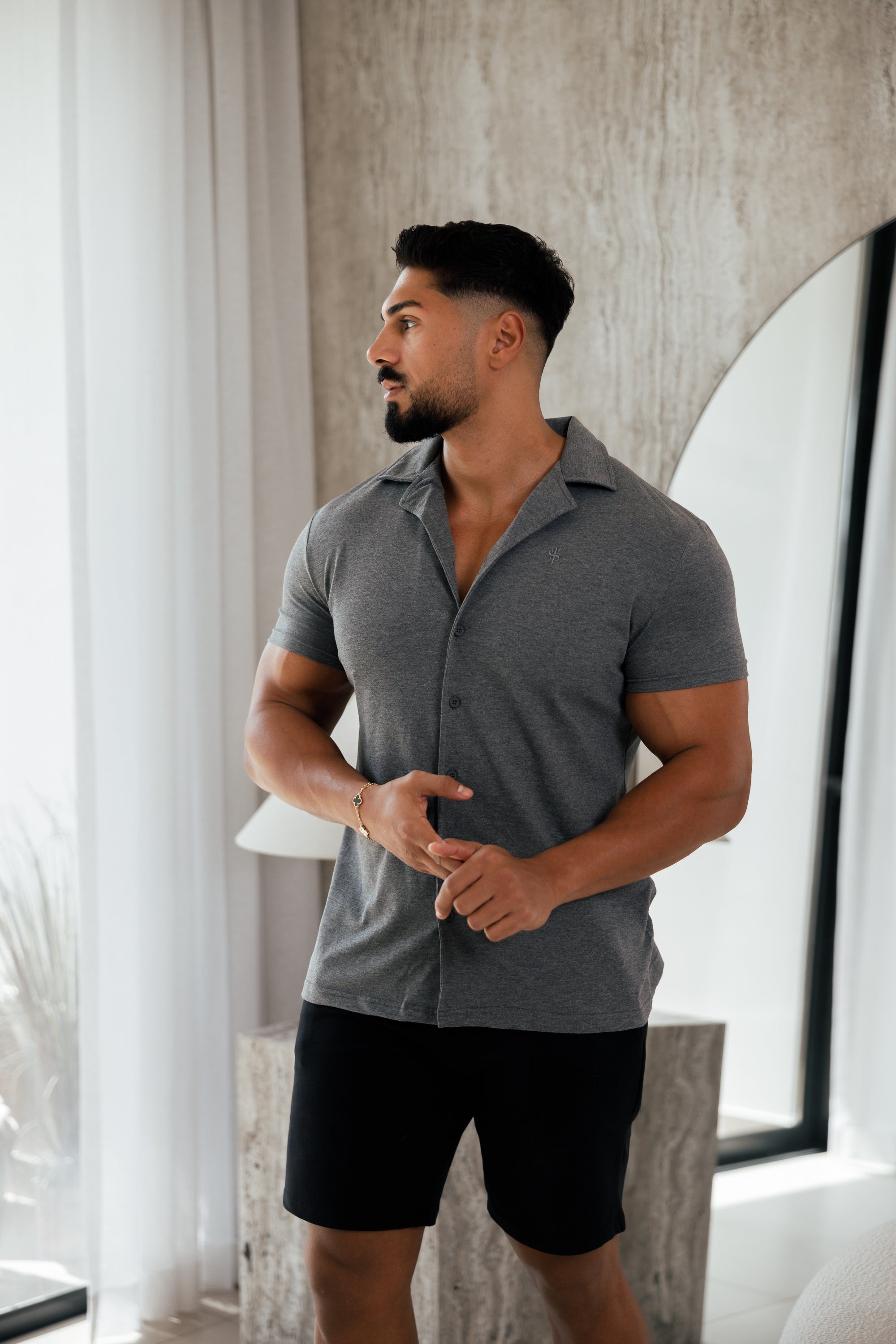 Stretch Dark Grey Pique Revere Shirt Short Sleeve - FSH1073