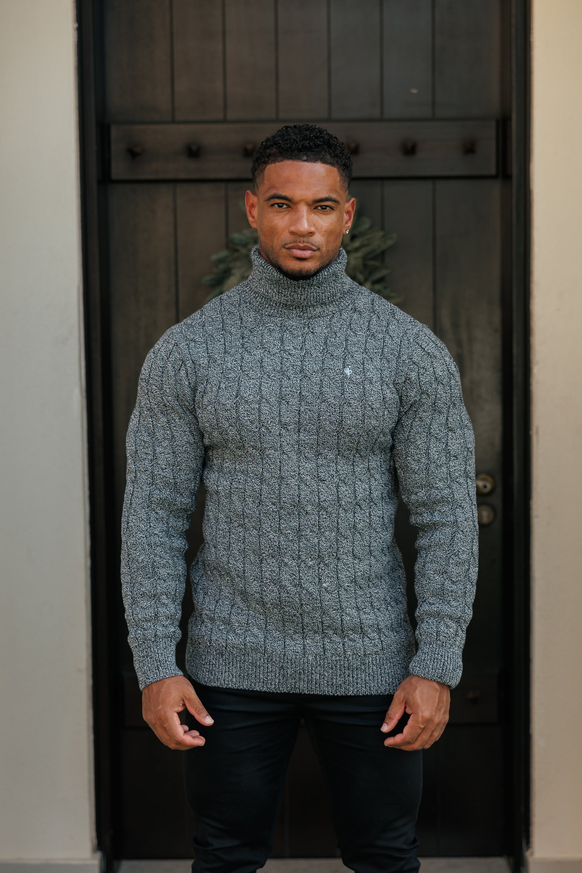 Link Weave Knit Black / White Two Tone Roll Neck Jumper - FSJ140
