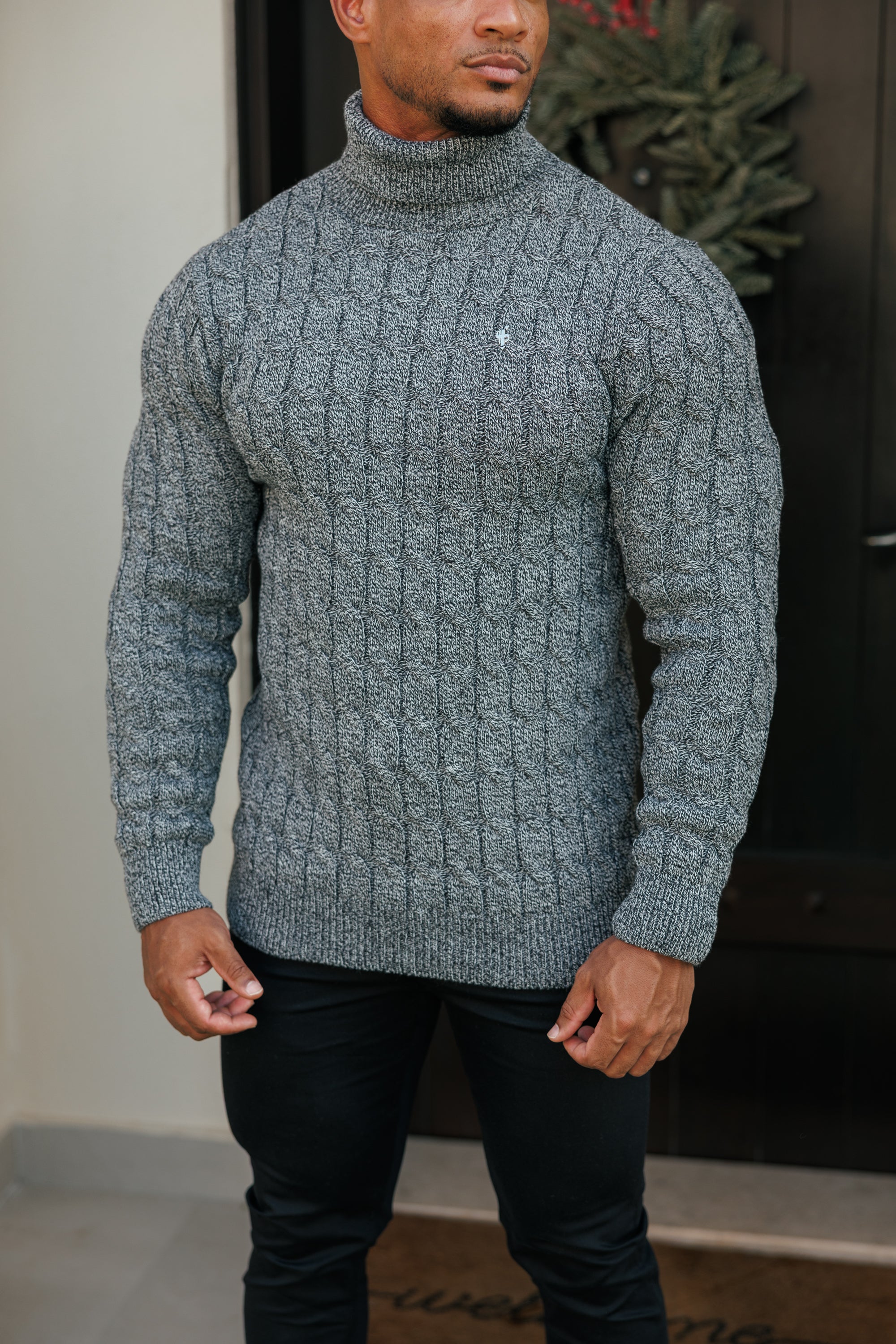 Link Weave Knit Black / White Two Tone Roll Neck Jumper - FSJ140