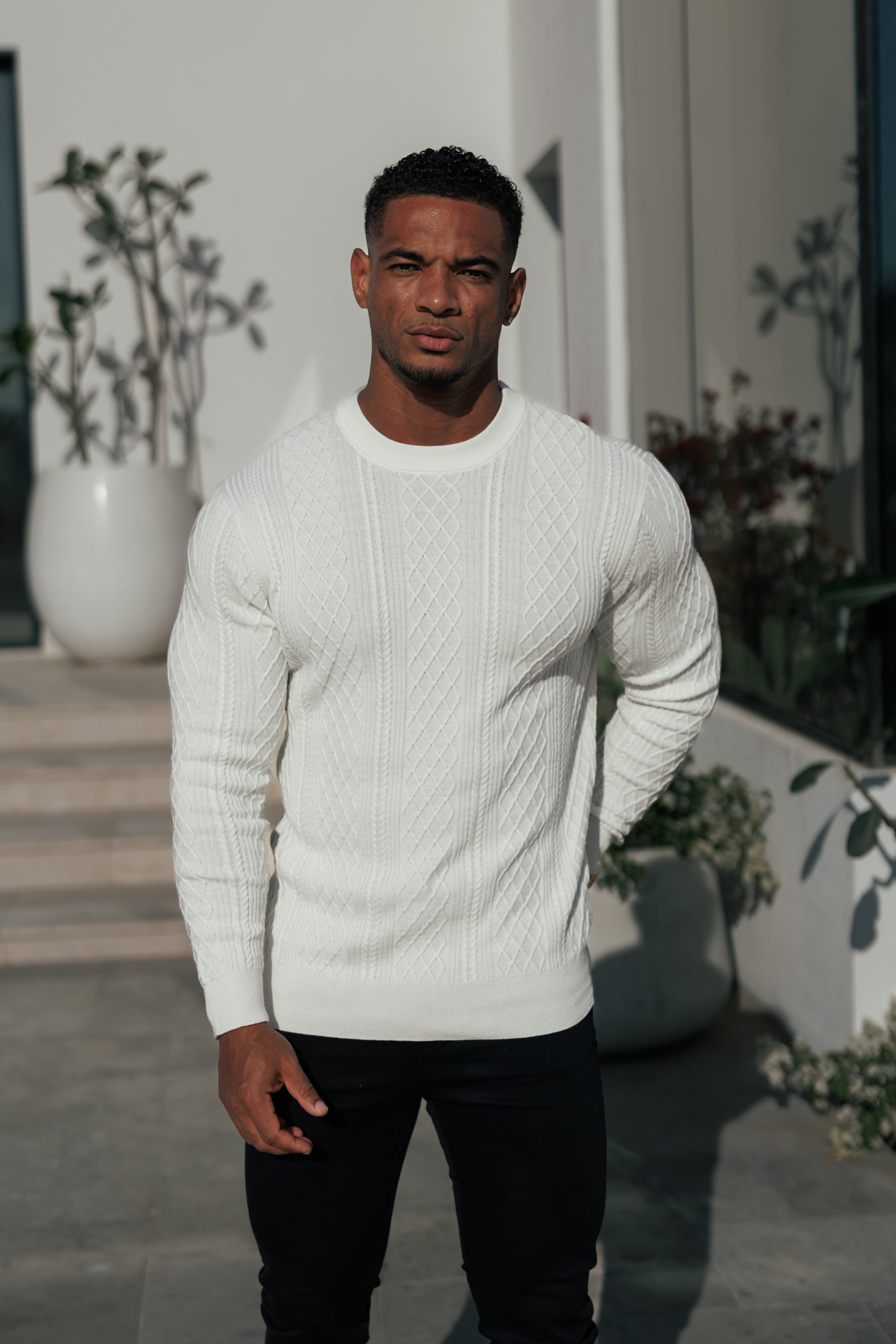 Fine Knit Diamond Off White Jumper Long Sleeve - FSA005