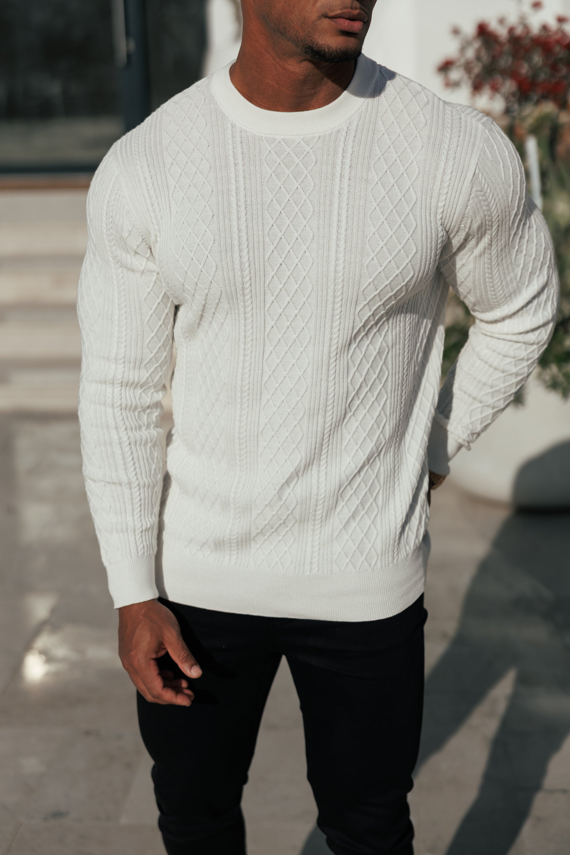 Fine Knit Diamond Off White Jumper Long Sleeve - FSA005
