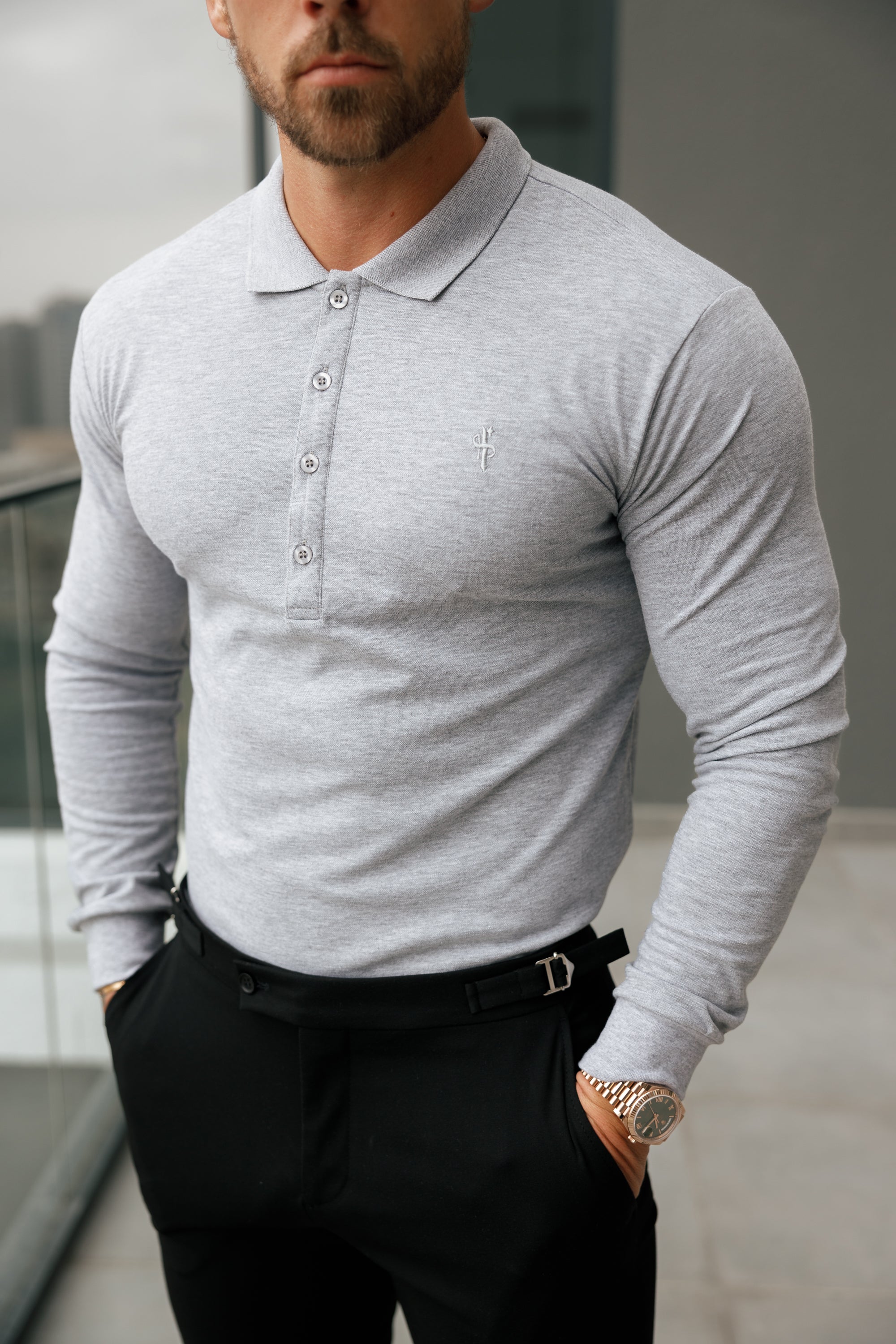 Classic Light Grey Tonal Polo Long Sleeve Shirt - FSH859