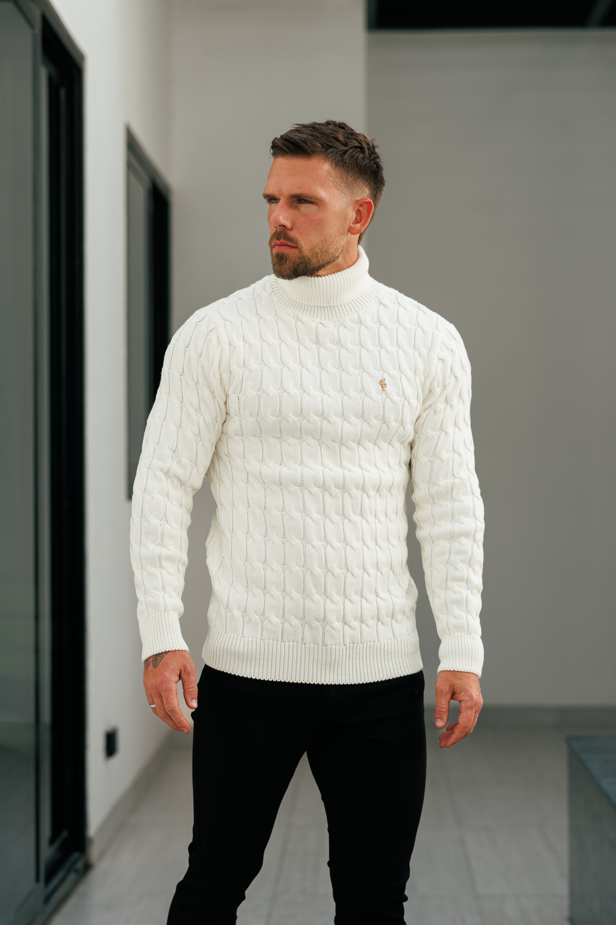 Link Weave Knit Cream Roll Neck Jumper - FSJ102