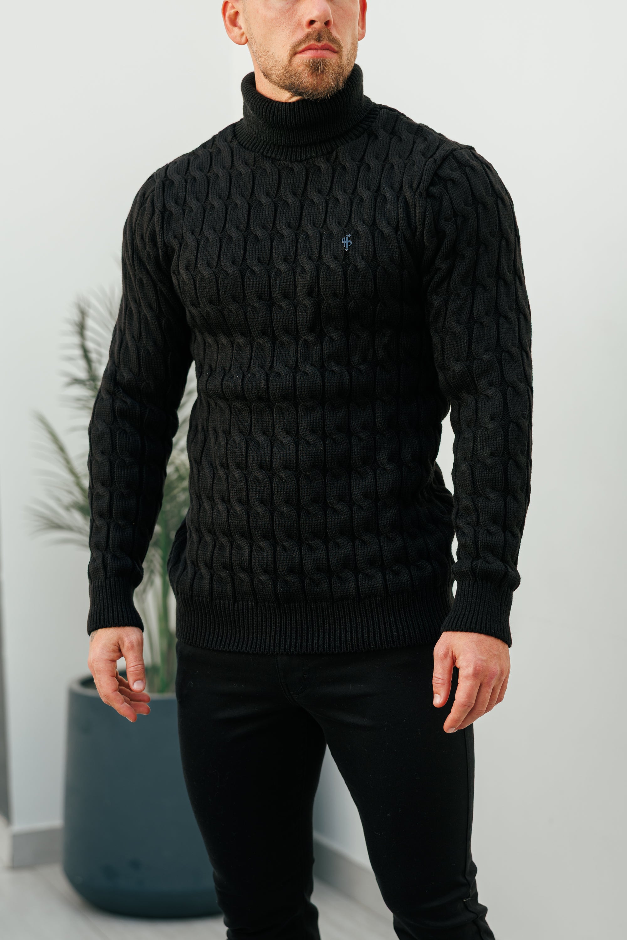 Link Weave Knit Black Roll Neck Jumper - FSJ101