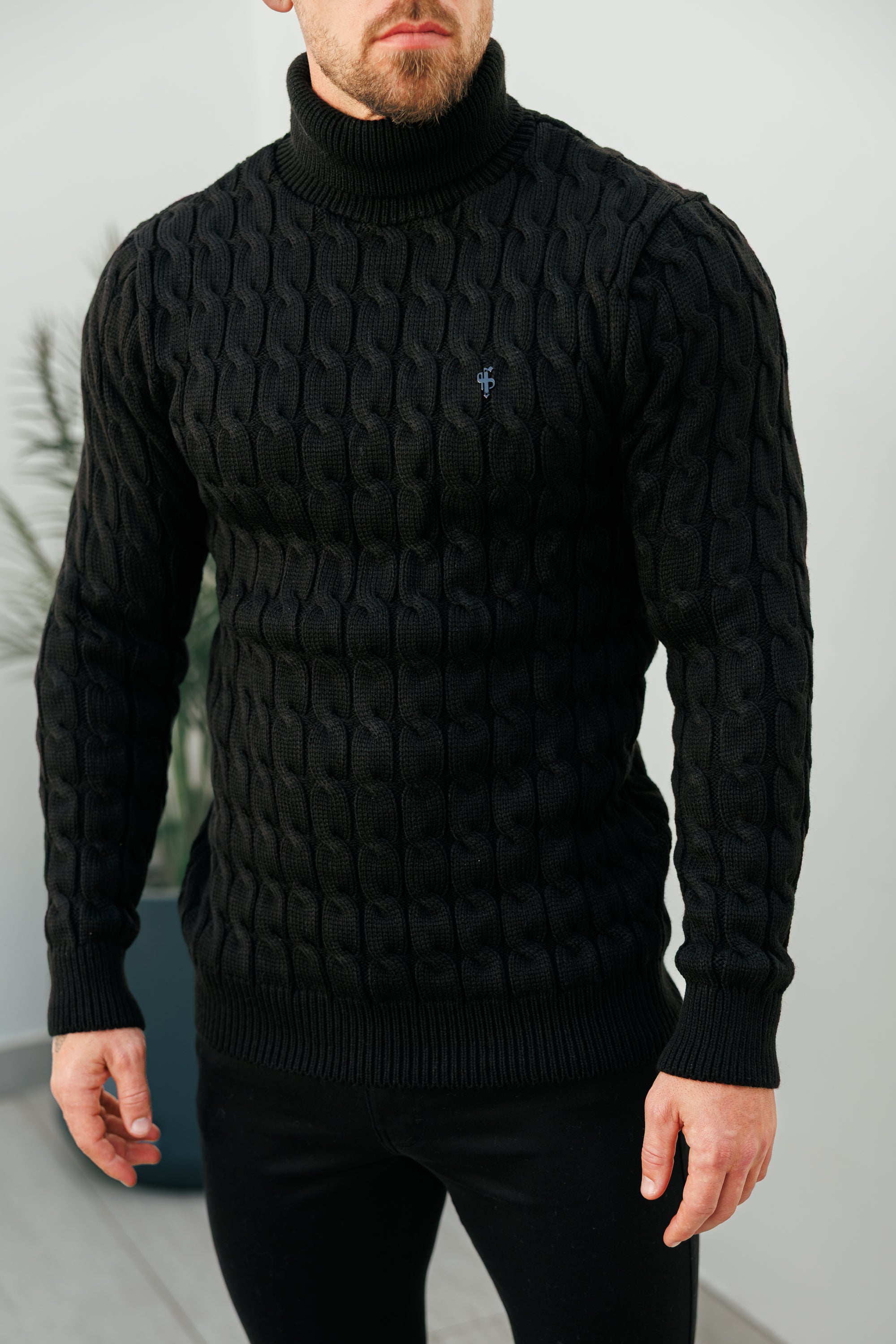 Link Weave Knit Black Roll Neck Jumper - FSJ101