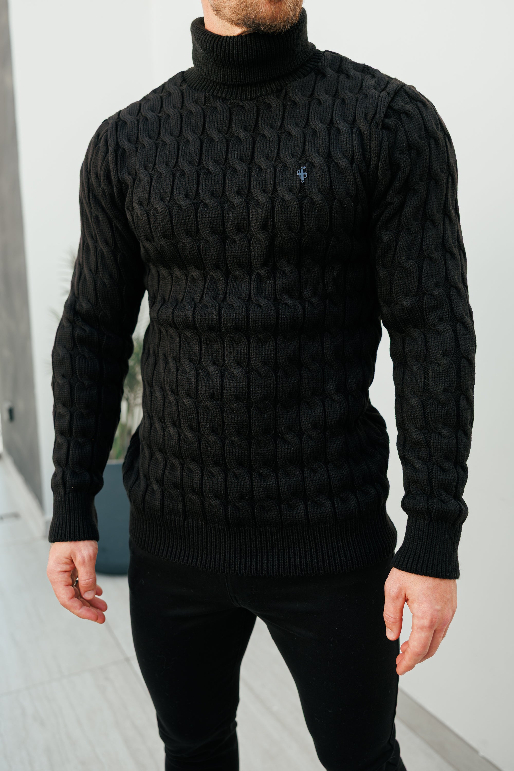 Link Weave Knit Black Roll Neck Jumper - FSJ101