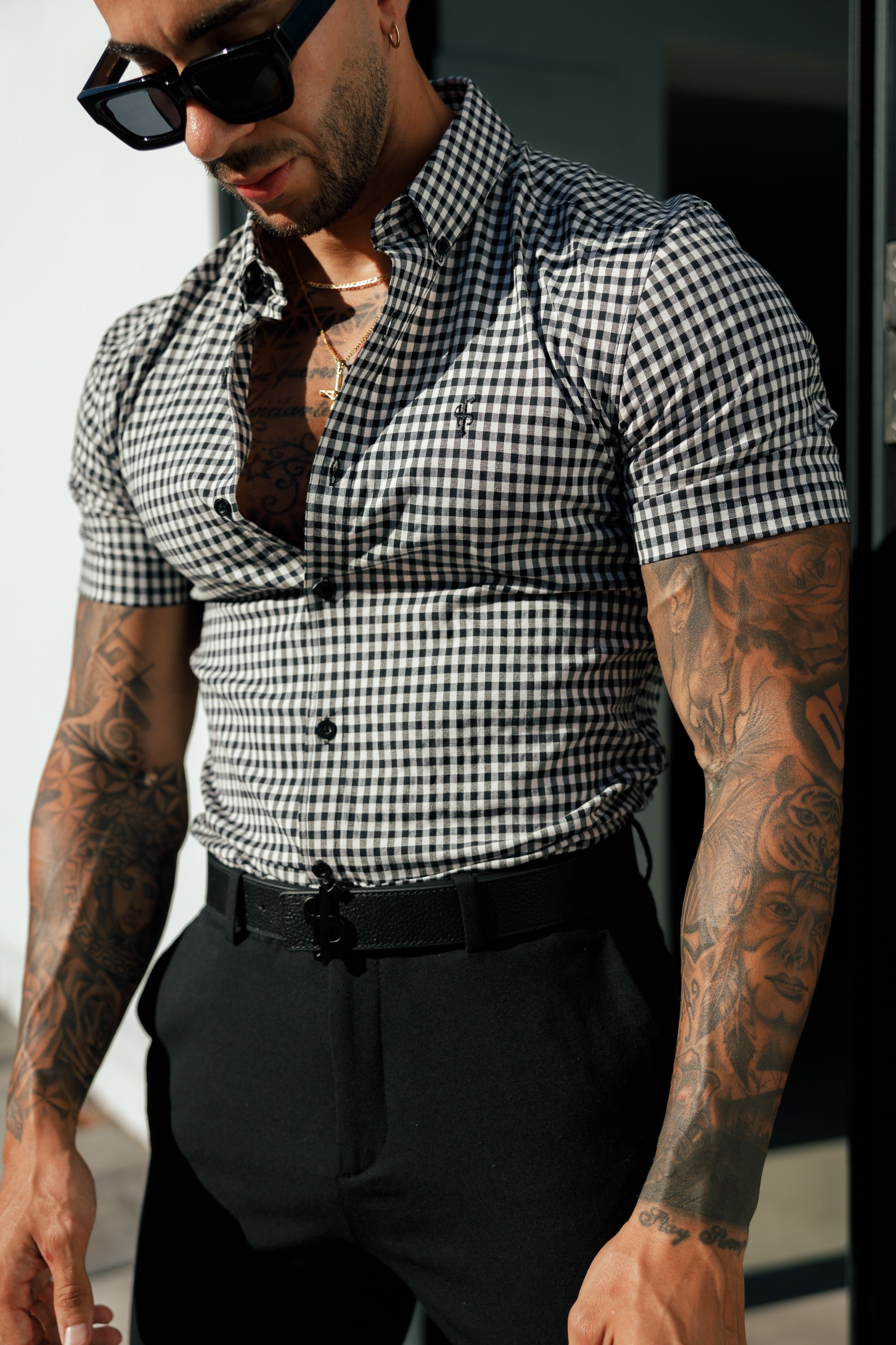 Super Slim Stretch White / Black Check Short Sleeve with Button Down Collar - FS1070