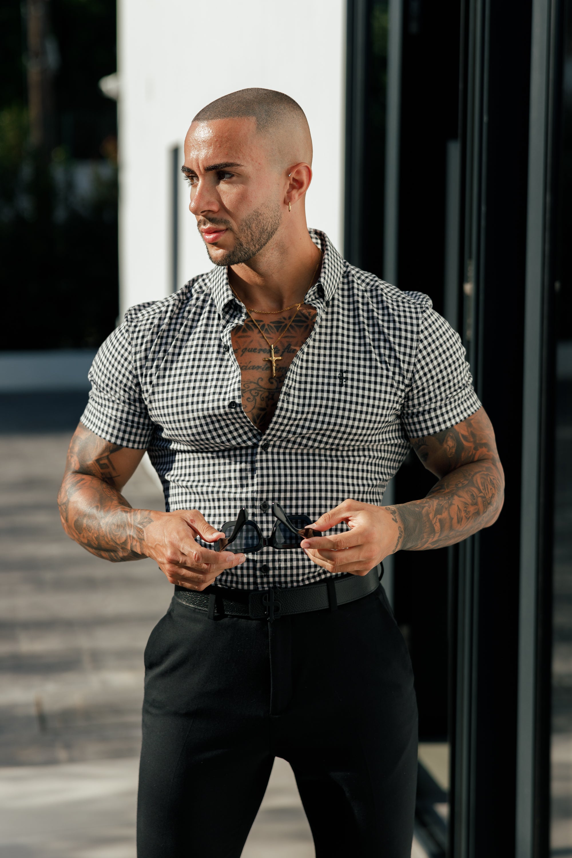 Super Slim Stretch White / Black Check Short Sleeve with Button Down Collar - FS1070