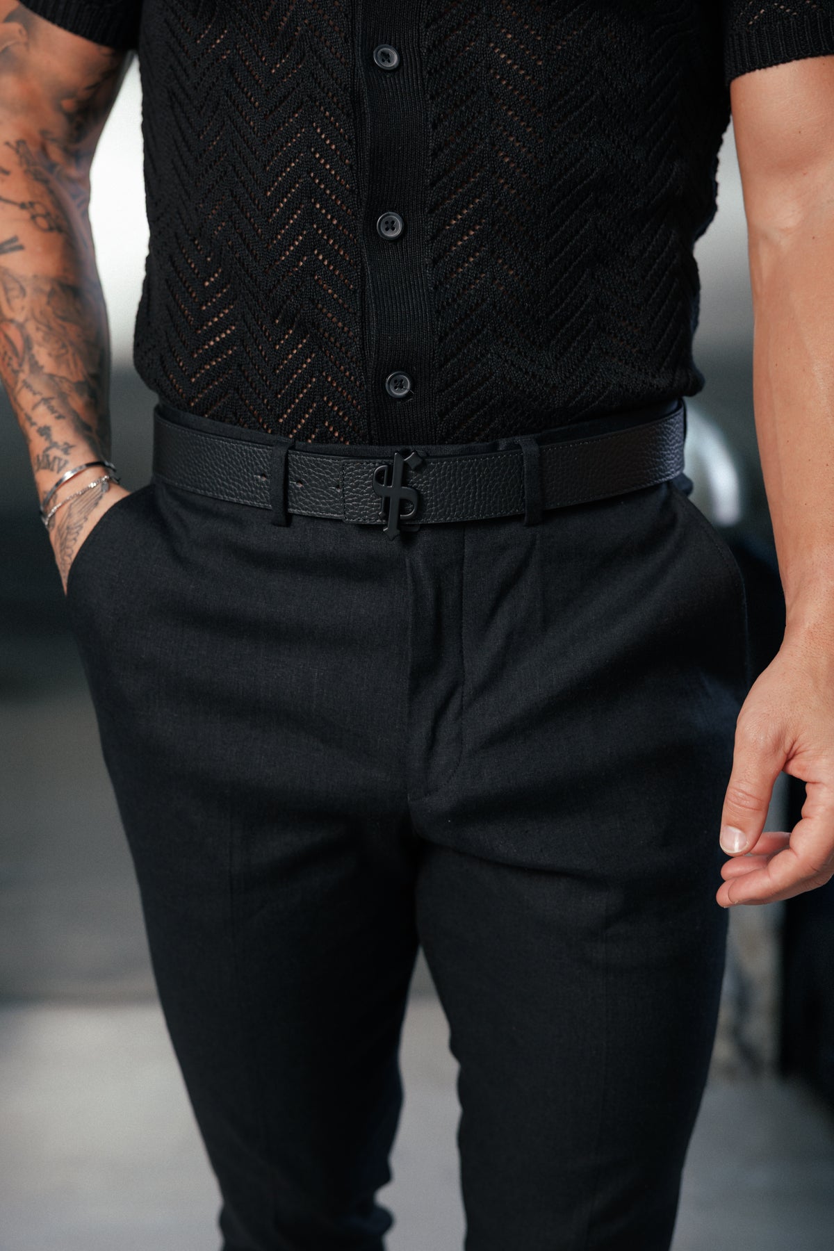 Black Chevron Perforated Shirt Short Sleeve - FSA013