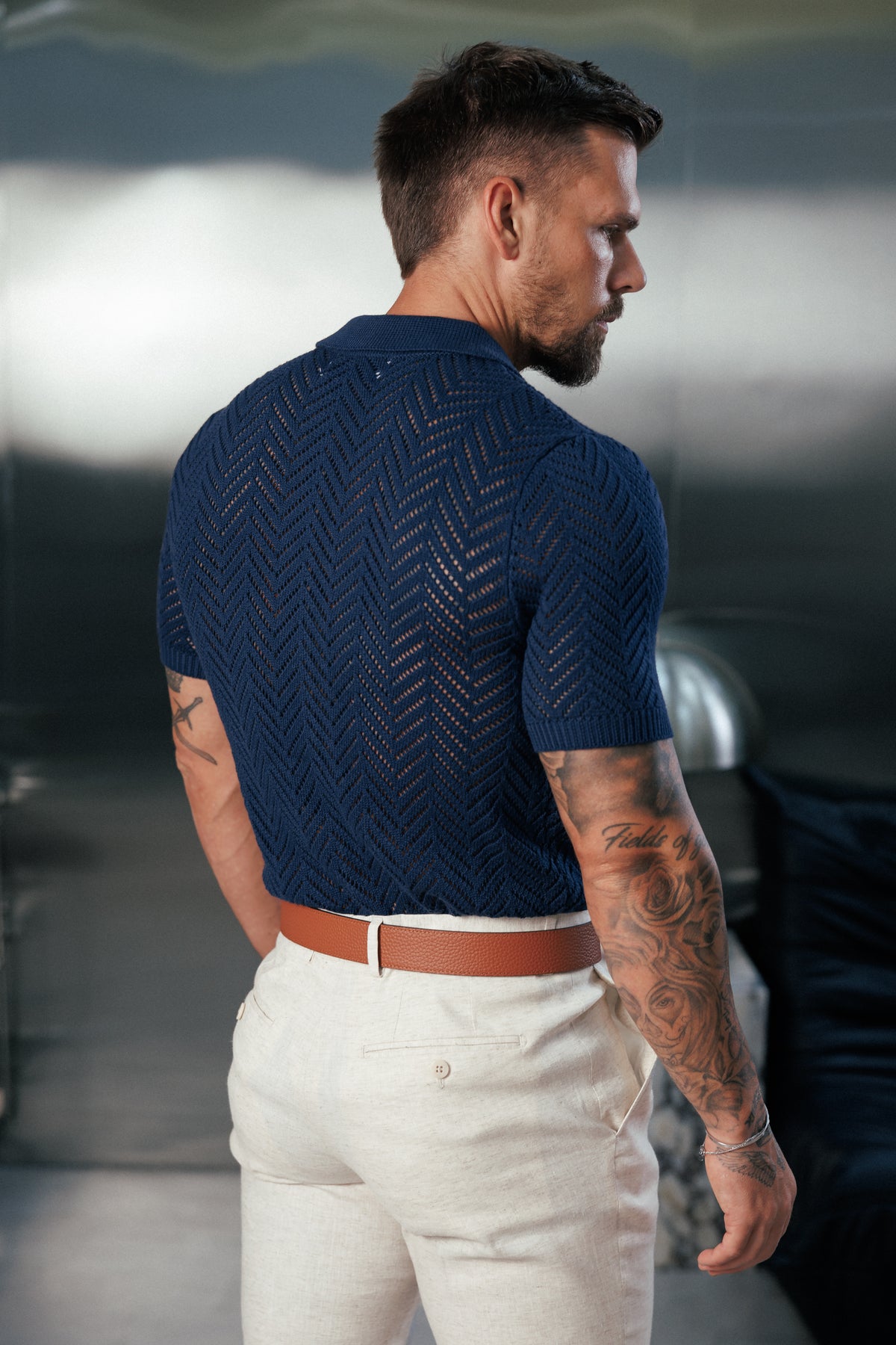 Navy Chevron Perforated Shirt Short Sleeve - FSA014