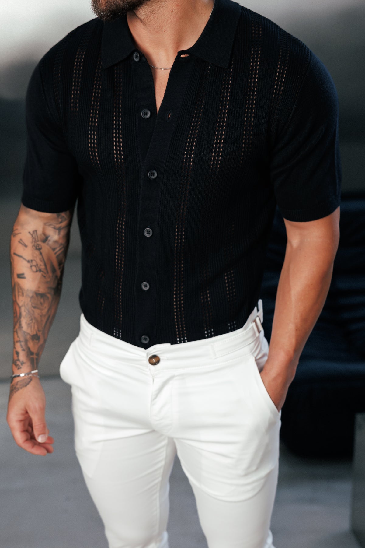 Black Stripe Perforated Shirt Short Sleeve - FSA019