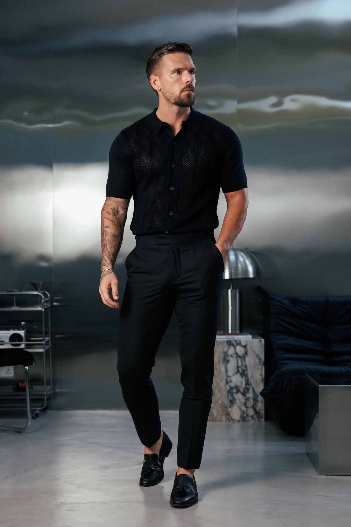 Black Diamond Stripe Perforated Shirt Short Sleeve - FSA022