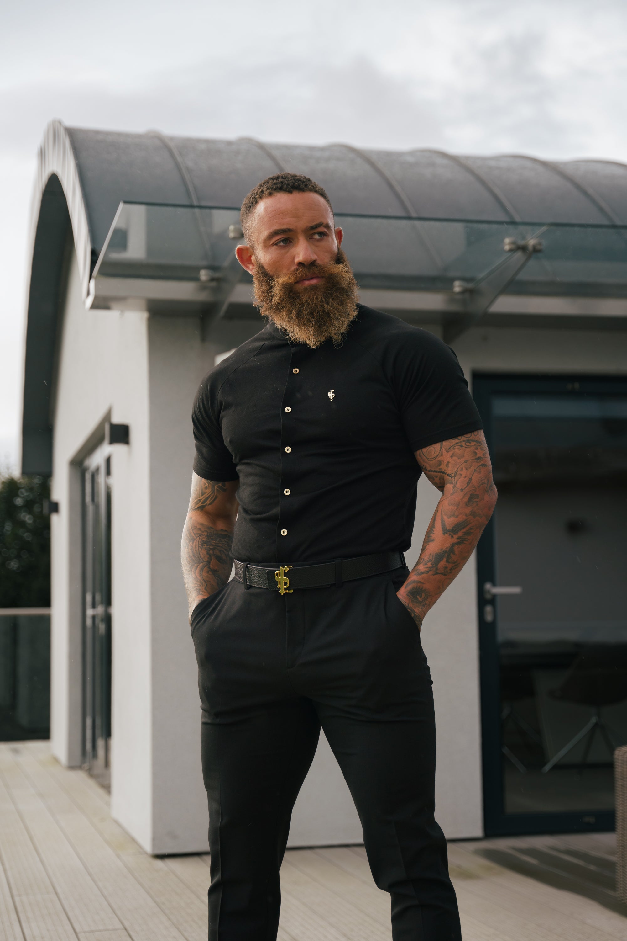 Slim Bamboo Raglan Grandad Collar Black - FSH1133