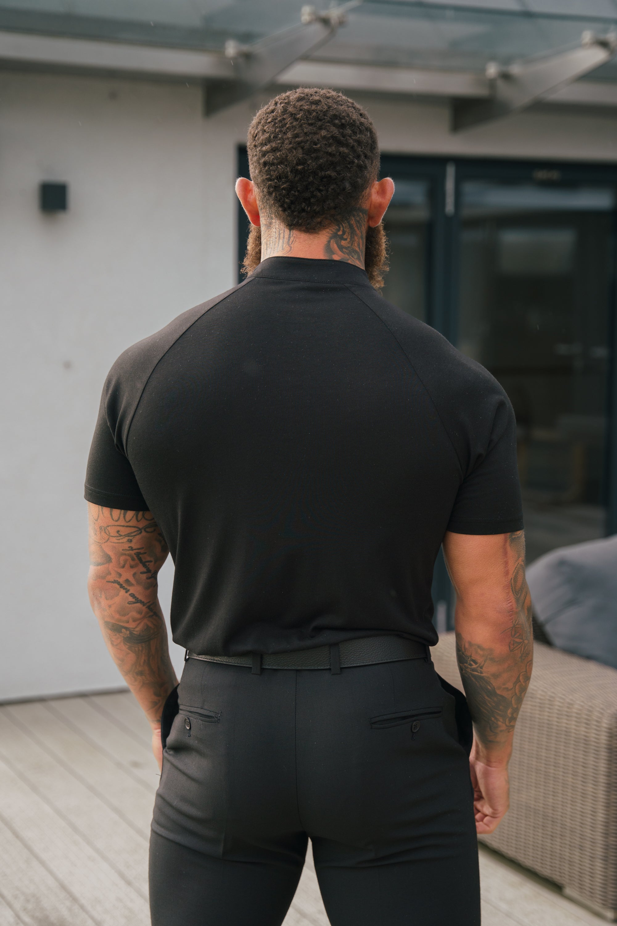 Slim Bamboo Raglan Grandad Collar Black - FSH1133