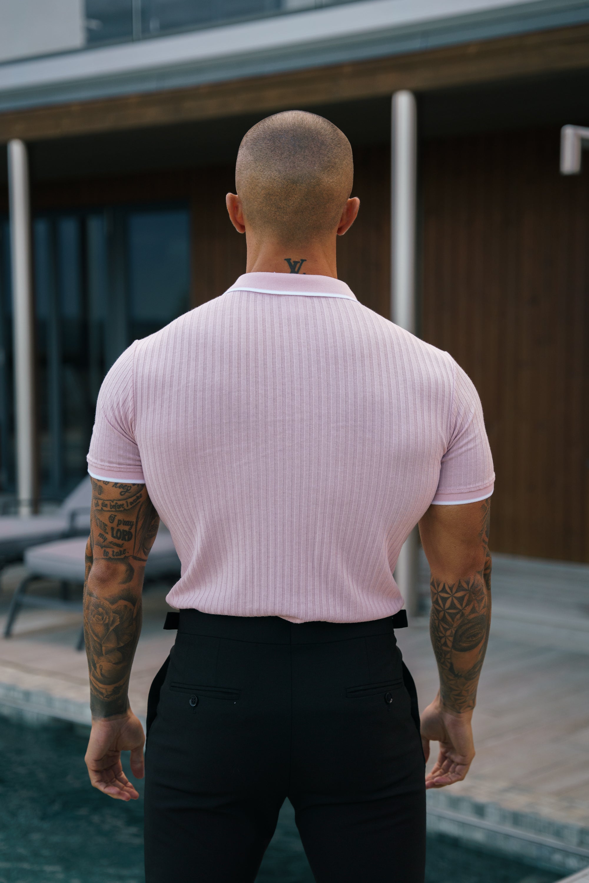 Classic Powder Pink Ribbed Zip Polo with Contrast Short Sleeve - FSH1105